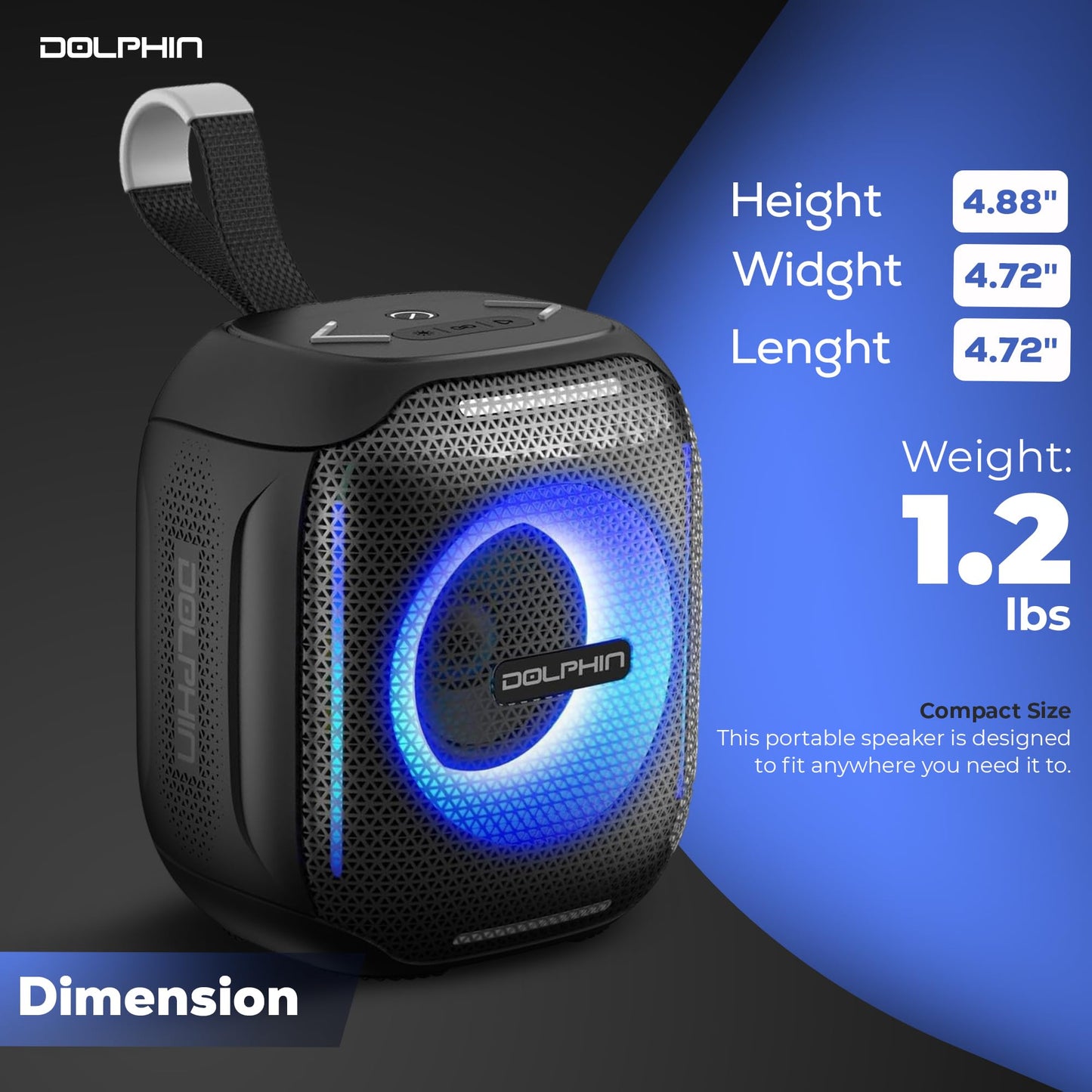 Dolphin S10 Water Resistant Portable Bluetooth Speaker with LED Lights, 5W Output, IPX5, 6-Hour Playtime, Compact Design, for Outdoor, Travel, Beach