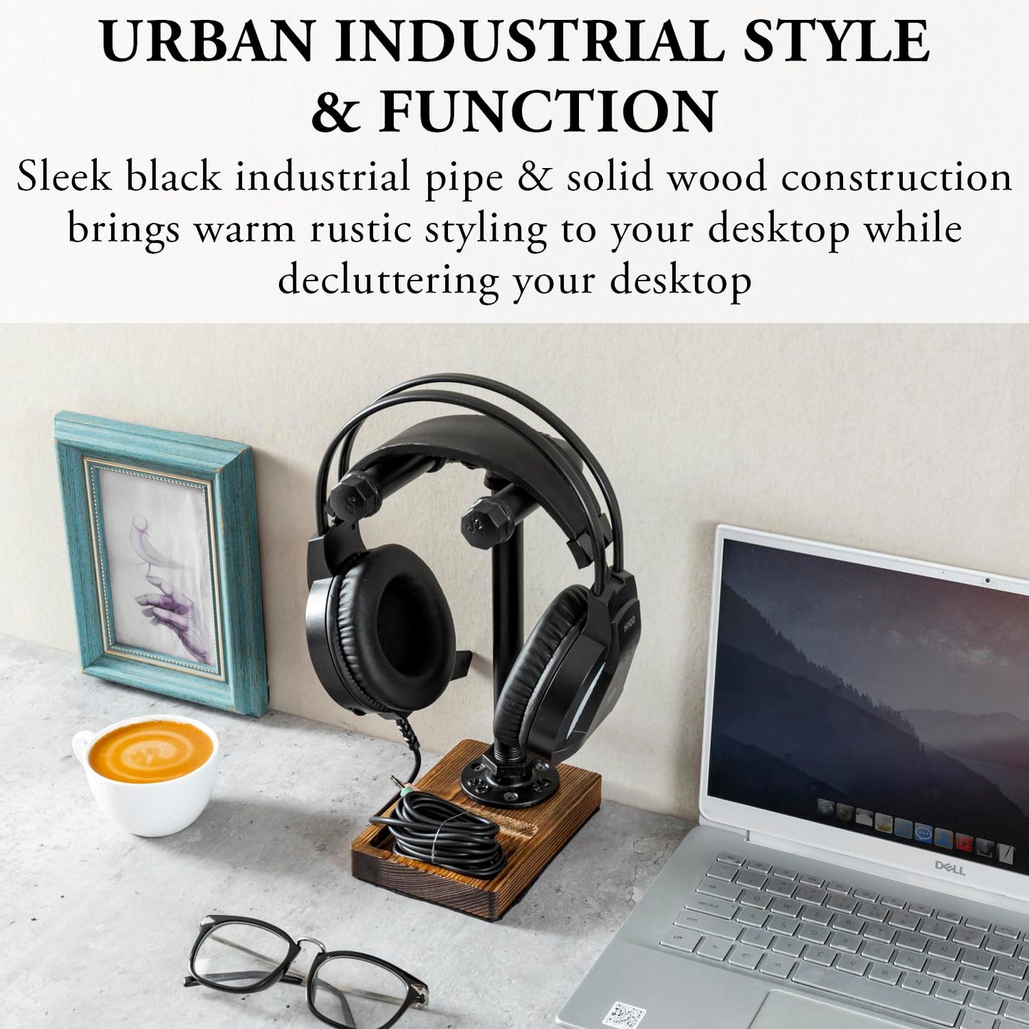 MyGift Headphone Stand, Industrial Black Metal Pipe Universal Desktop Headset Holder with Burnt Solid Wood Tray