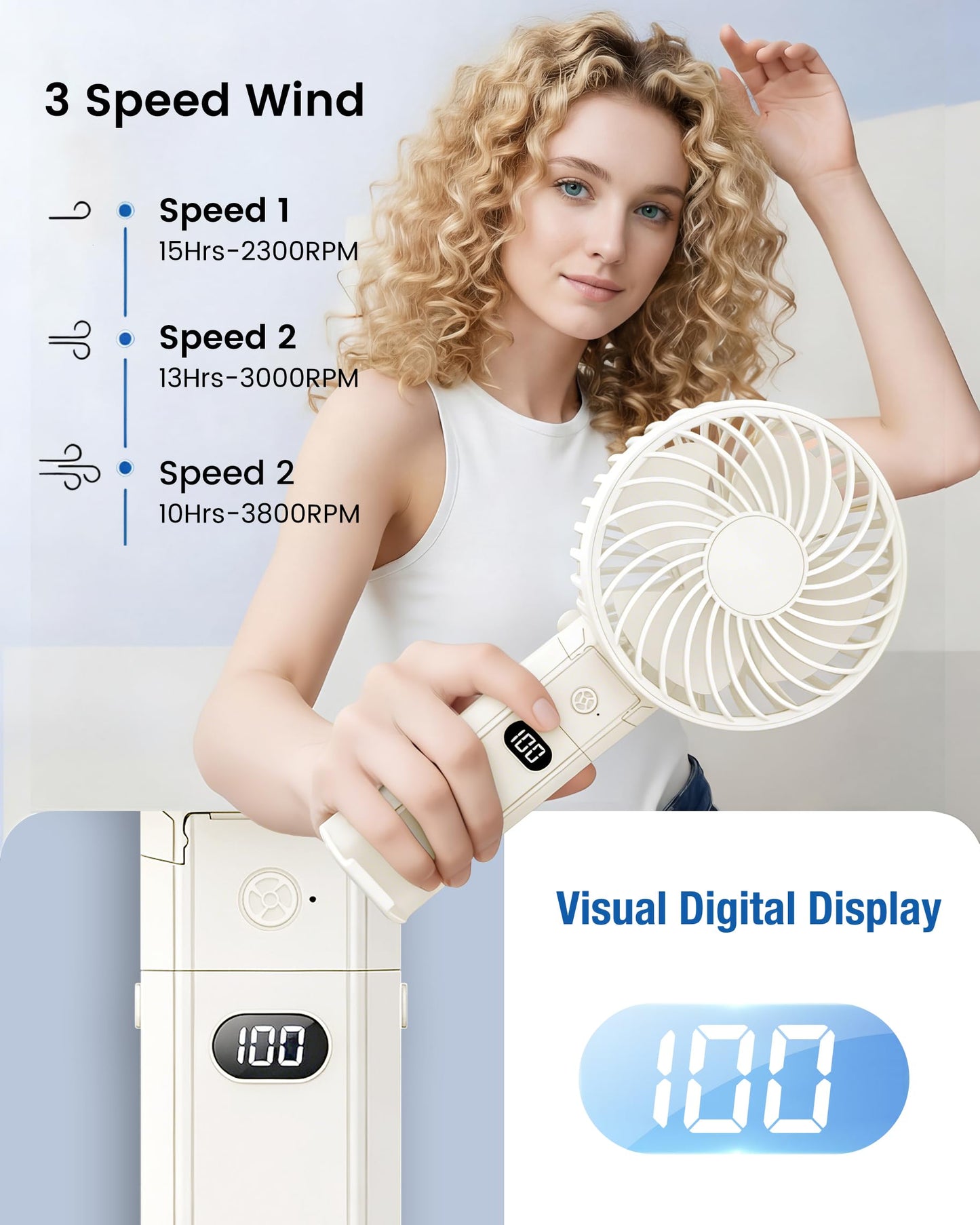 Novauxlume Folding Hand Fans, 4000mAh Handheld Fan Rechargeable, Portable Fan Handheld 15H Runtime, 3 Speed Ultra Quiet, 180° Foldable 3-in-1