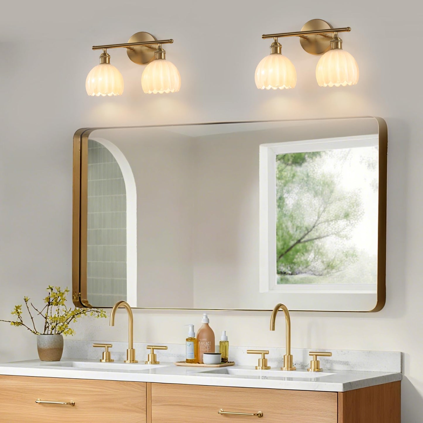 Rnidaipi Bathroom Light Fixtures, 2-Light Vanity Wall Light Over Mirror with White Tulip Glass Shade for Bedroom Living Room, Brass Gold