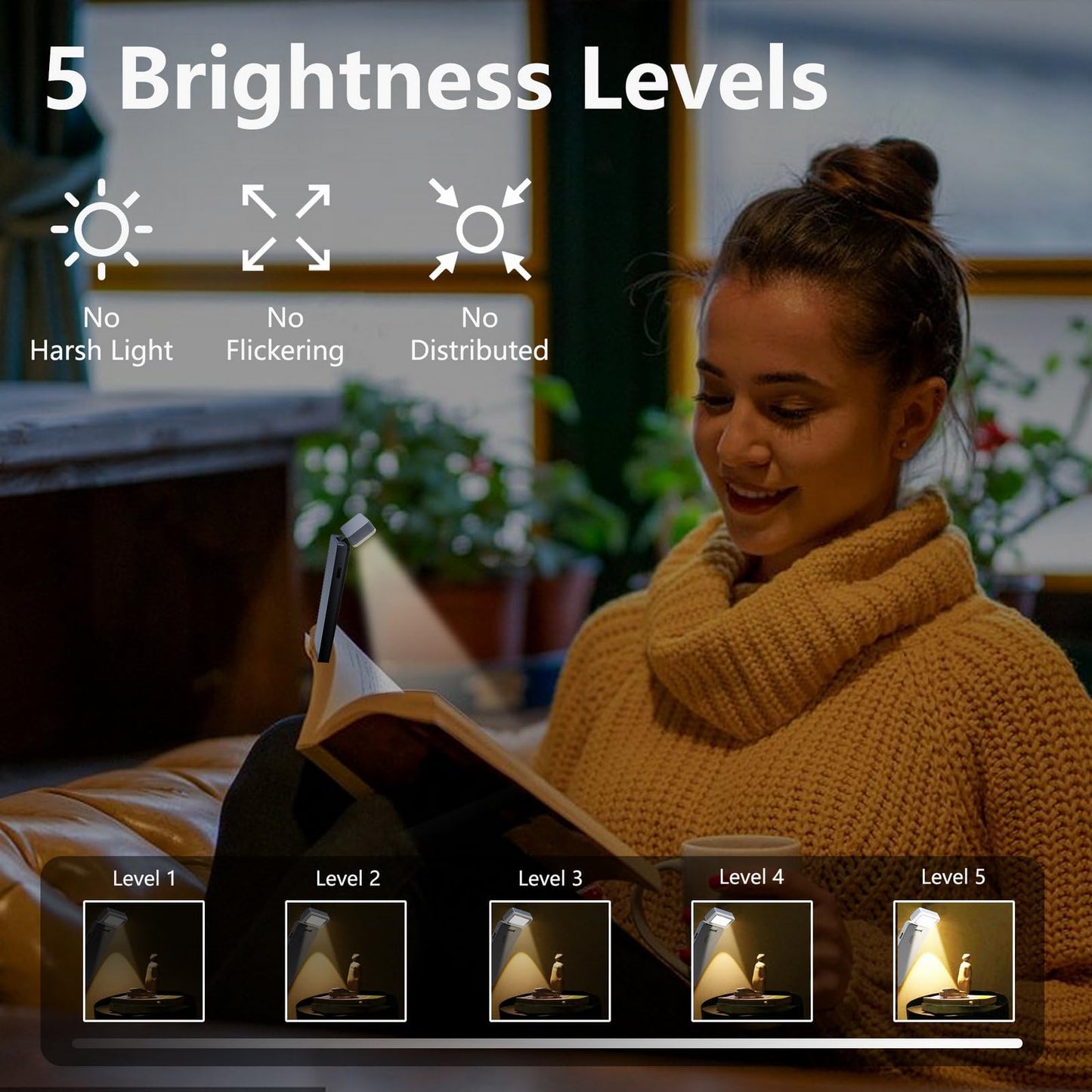 Fjyikj Rechargeable Book Light for Reading in Bed, Portable Clip-on LED Bookmark Night Lamp,3 Colors & 5 Brightness Dimmable, Compact & Long Lasting