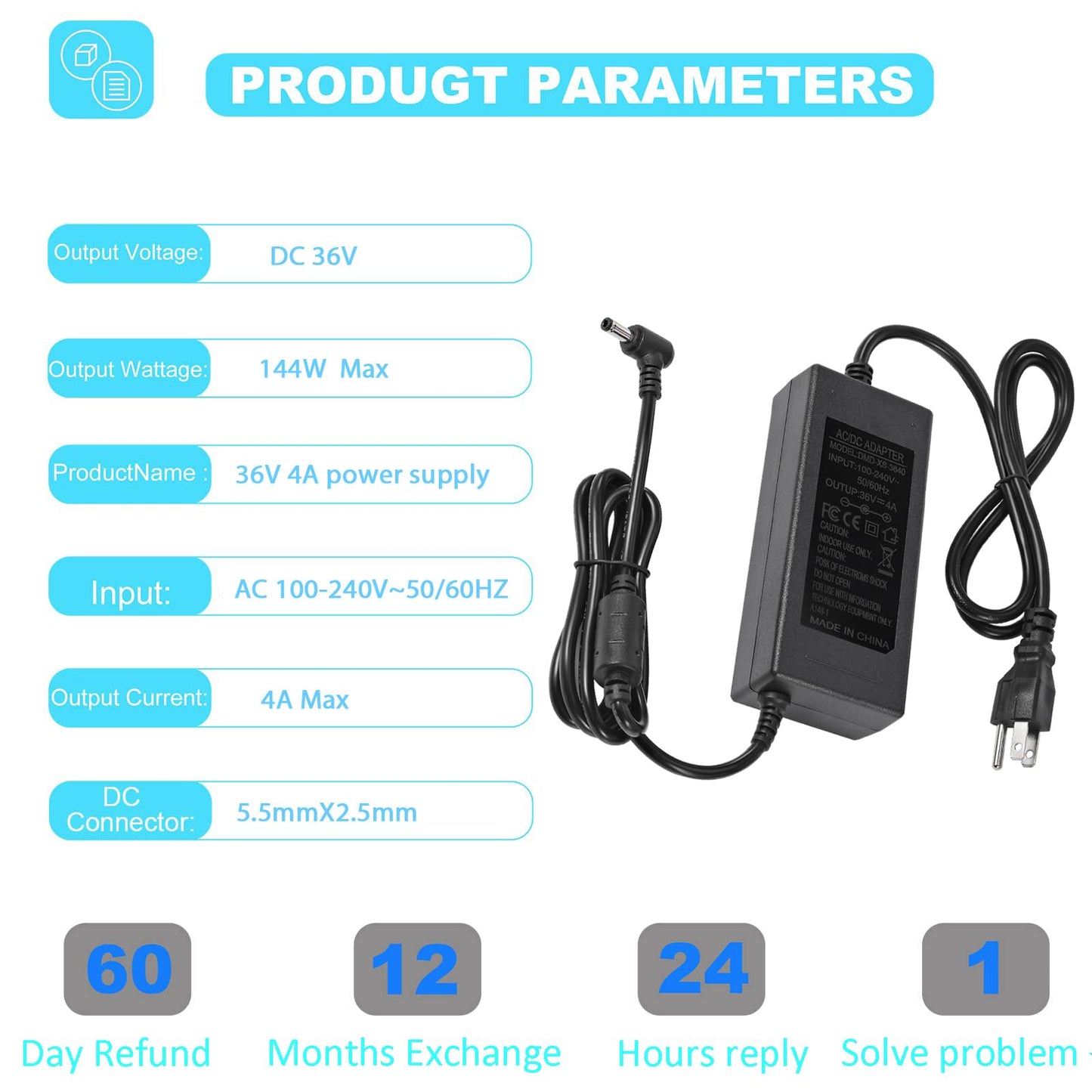 36V 4A 144W Power Supply Adapter 100-240V AC to DC 36 Volt 4Amp Power Adapter 5.5mm x 2.5mm/2.1mm DC Output Jack 36V Volt AC Power Supply for LED…