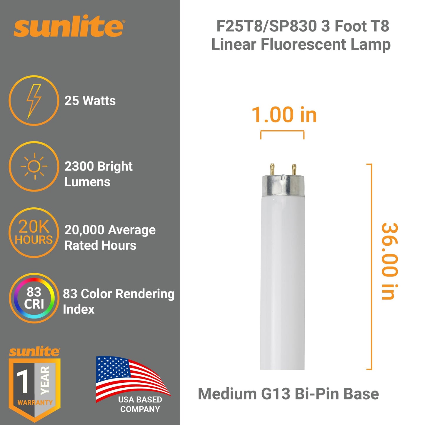 Sunlite F25T8/SP830 3 Foot T8 Linear Fluorescent Lamp, 25 Watts, 2300 Lumens, 3000K Warm White, Medium G13 Bi-Pin Base, High Performance Straight