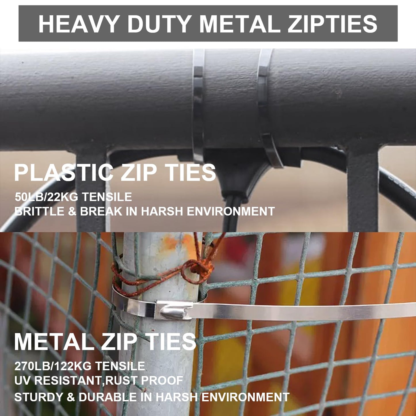 32inch Stainless Steel Zip Ties 100 Pack Metal Cable Ties Heavy Duty Self-locking Wire Ties High Temp Zipties Chain Link fence Ties Multi Purpose