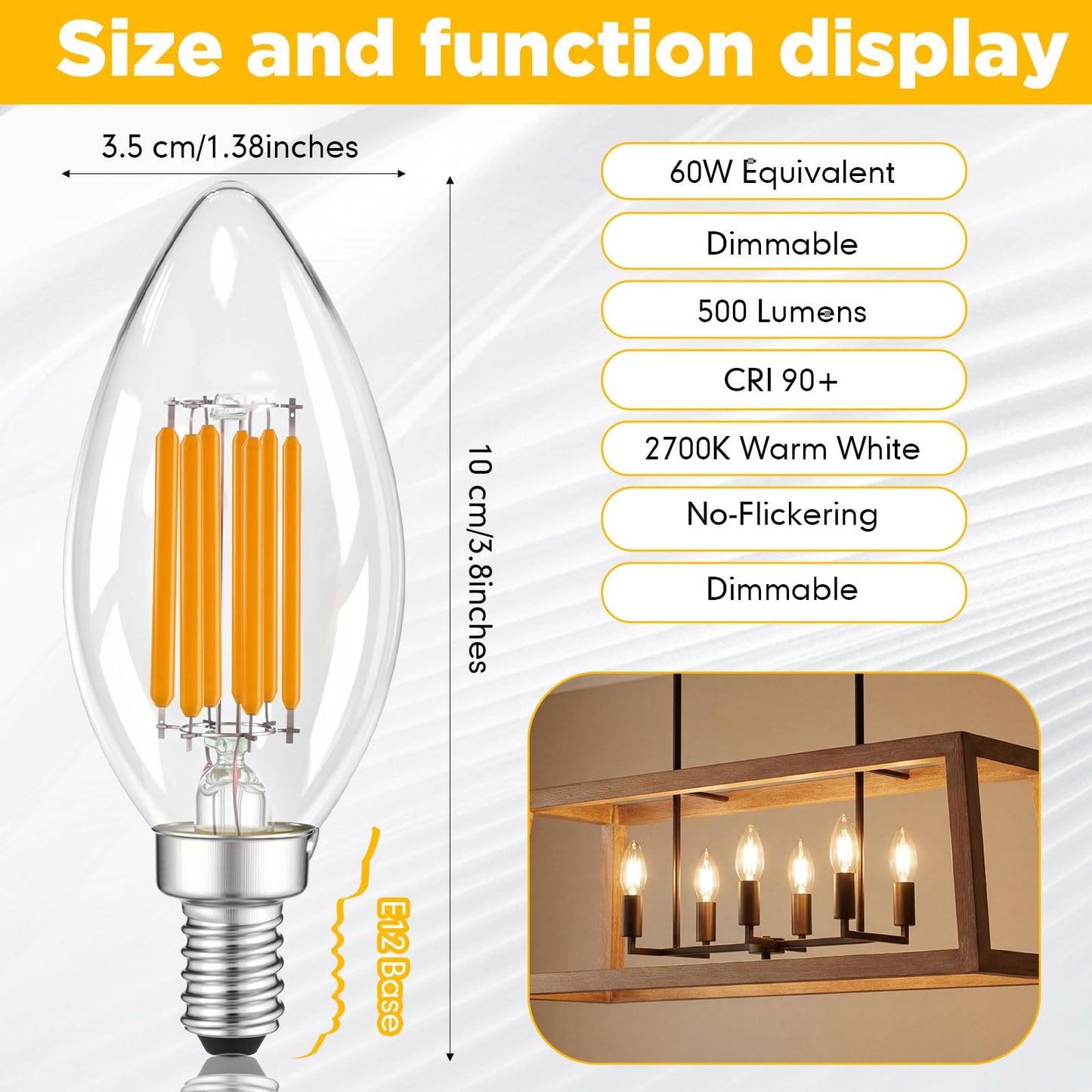 Mudder 30 Pack E12 Candelabra LED Bulbs, 60 Watt Equivalent Dimmable Chandelier Light Bulbs, 6W 600 Lumens 2700K Warm White C35 Clear Candle Base
