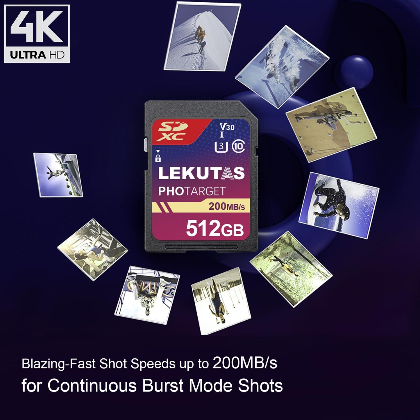 LEKUTAS 512GB SDXC UHS-I Memory Card - Up to 200MB/s Read Speed, C10, U3, V30, 4K UHD, Full-HD 4K Video SD Card for Canon Nikon Sony Panasonic DSLR
