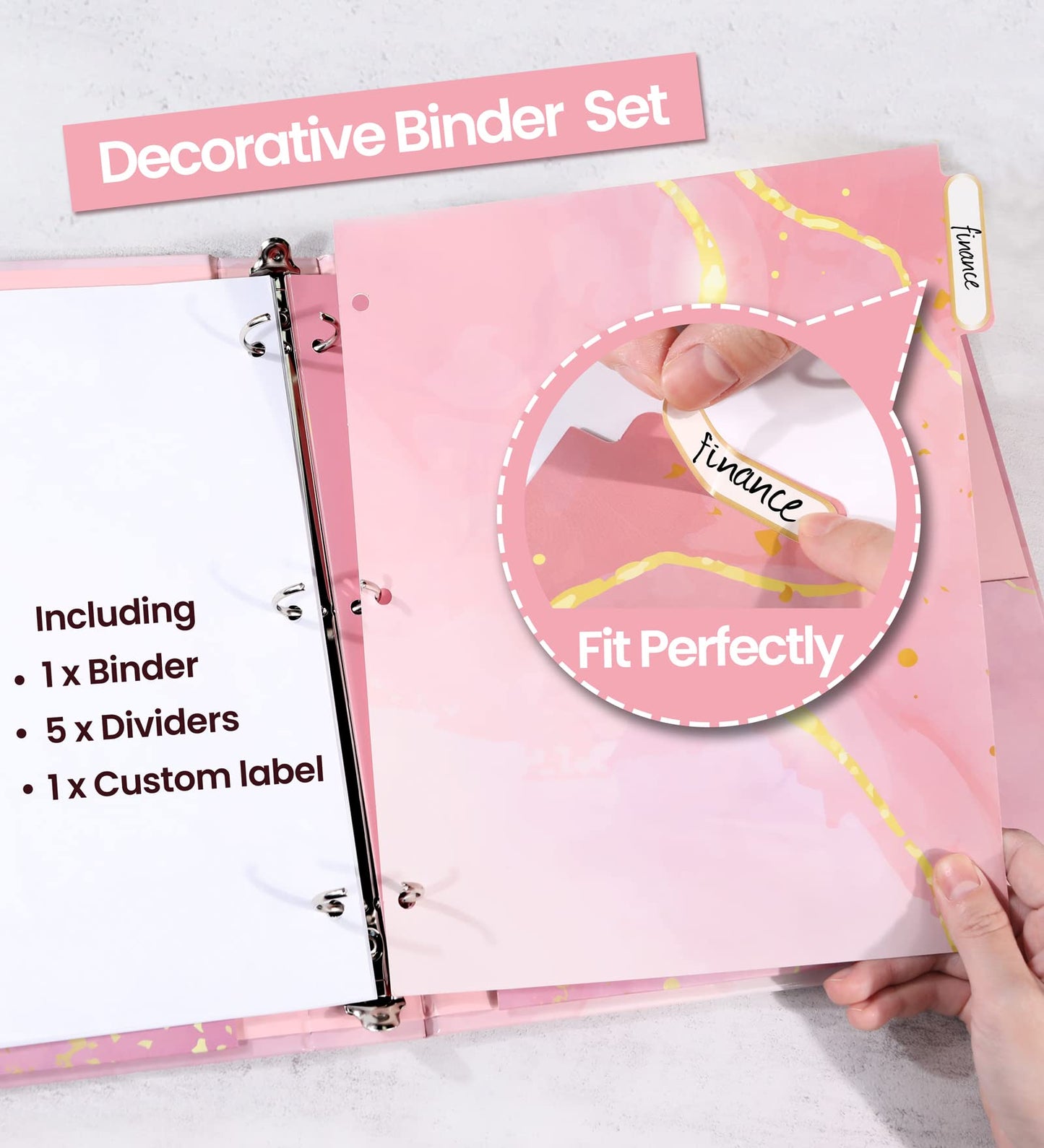 SUNEE 1 Inch Binder with Dividers, Pink Binder with Clipboard, Three Ring Binder Organizer, 5 Tabs, 18 Labels and 2 Pockets, Letter Size for School