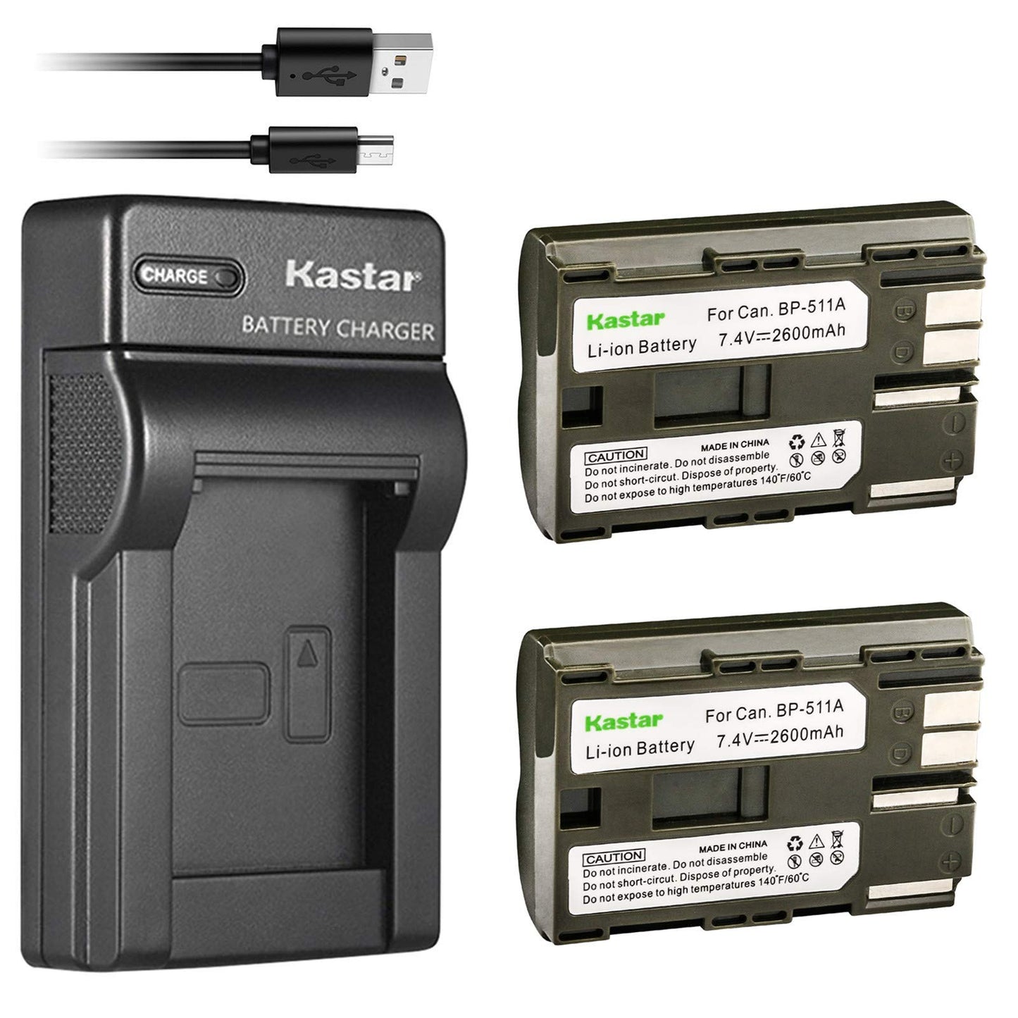 Kastar Battery X2 + Slim USB Charger Replacement for BP-511 BP-511A BP511, EOS 5D 10D 20D 30D 40D 50D Digital Rebel 1D D60 300D D30 Kiss Powershot G5