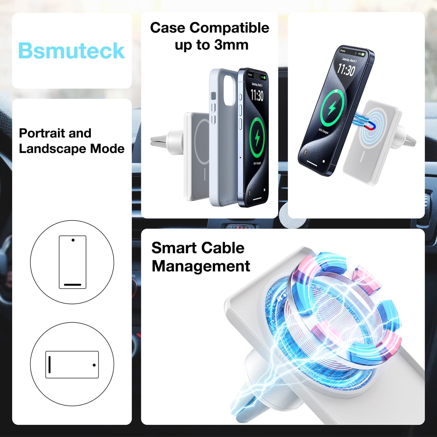 7.5W MagSafe Wireless Car Charger Mount Pro Strong Magnetic Vent Holder for iPhone 17/16/15/14/13/12 Series & More, 360° Rotation & Overheat