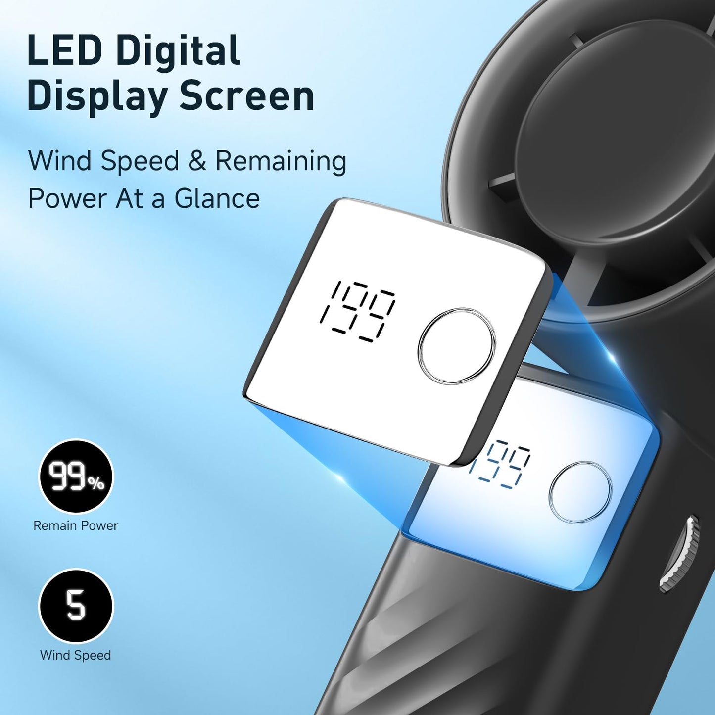 YOSHENMO Portable Handheld Turbo Fan - Foldable Mini Fan with Air Turbo Tech, 1-199 Speed Adjustment, 20H Runtime, LED Display, Battery-Powered