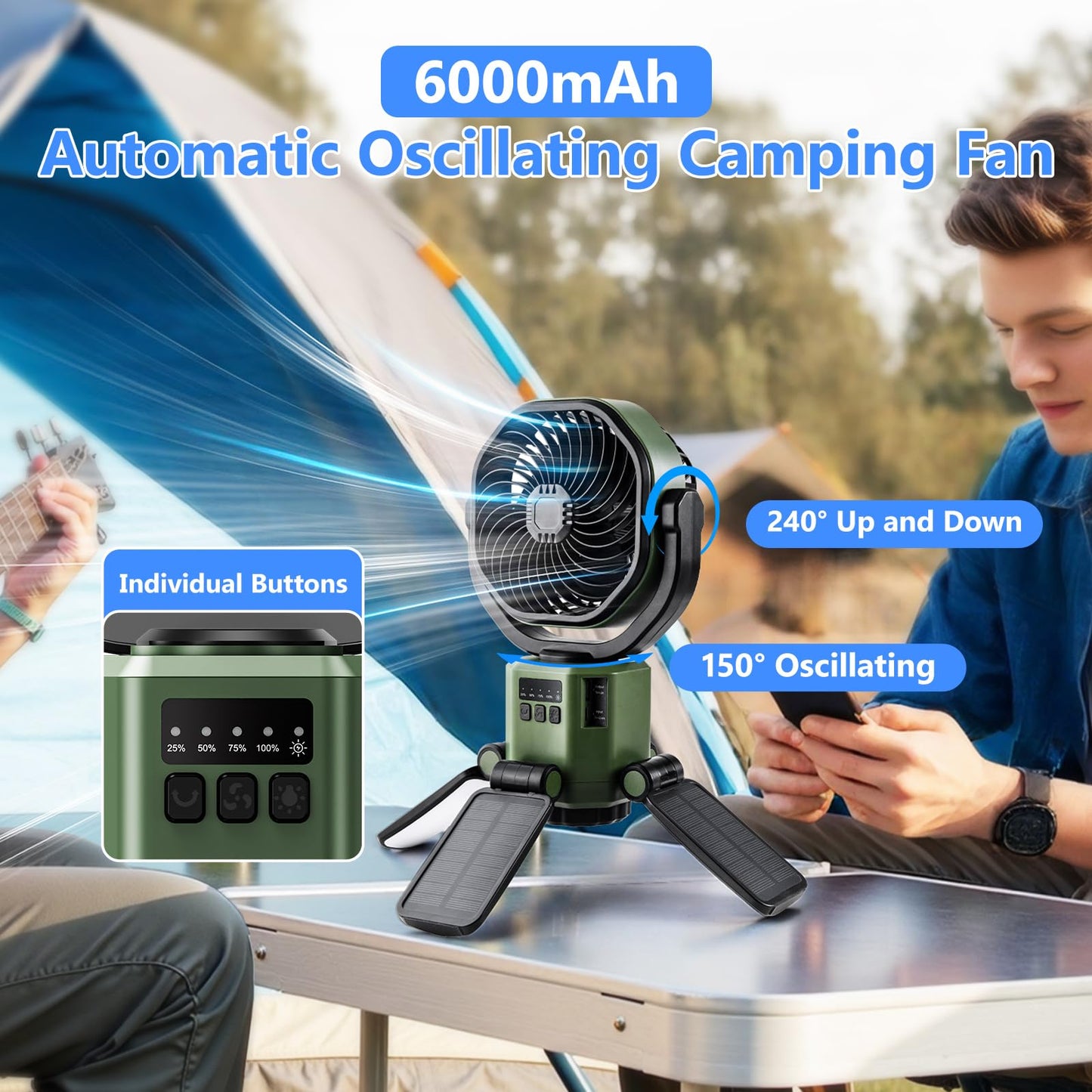 Nauttxon Rechargeable Solar Camping Fan with 4 Solar & Light Panals