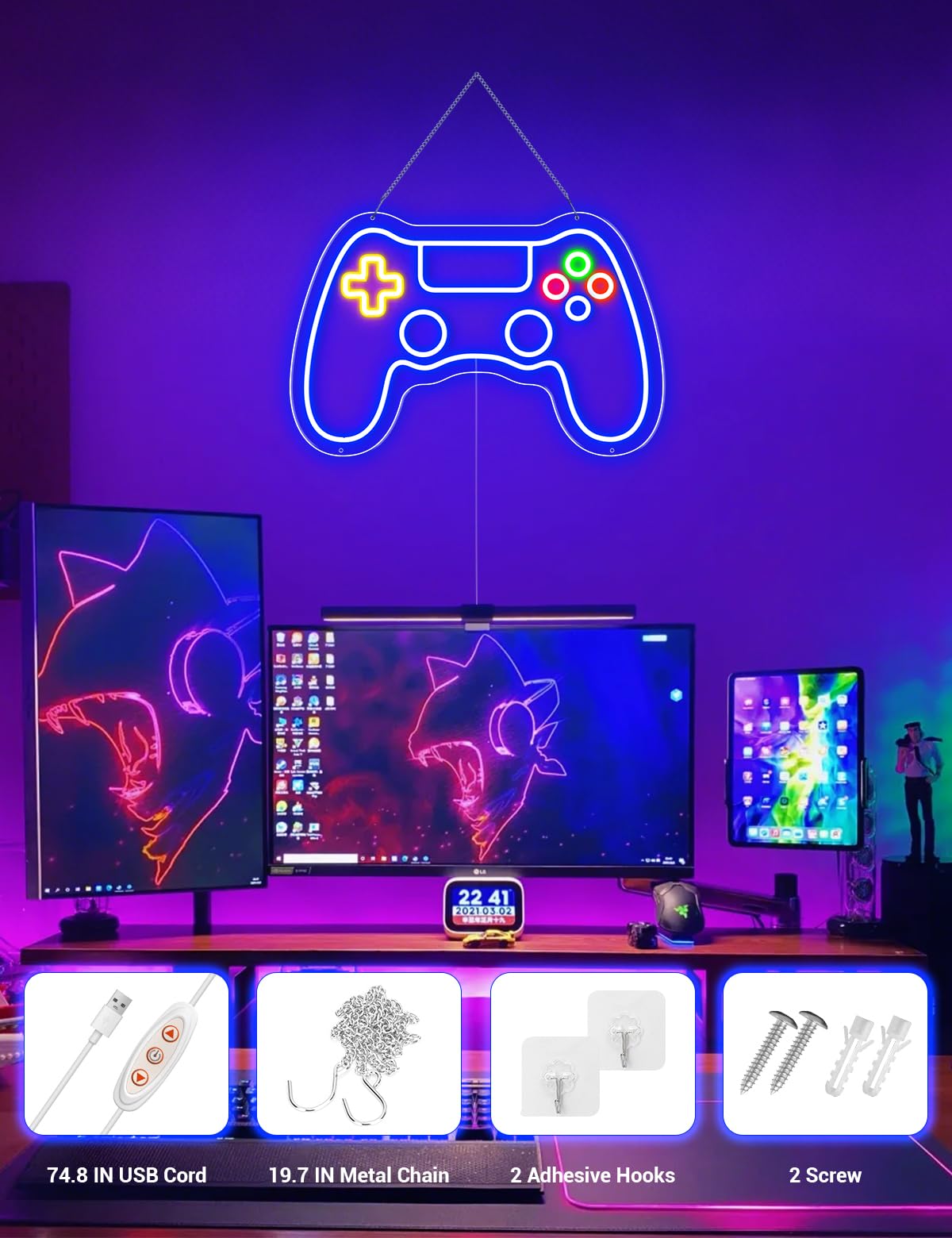 ADKALIV Gamer Neon Sign Game-pad Shaped LED Neon Light for Wall and Room Decor, USB Dimmable Powered LED Signs for Gamer Bedroom, Man Cave,Birthday