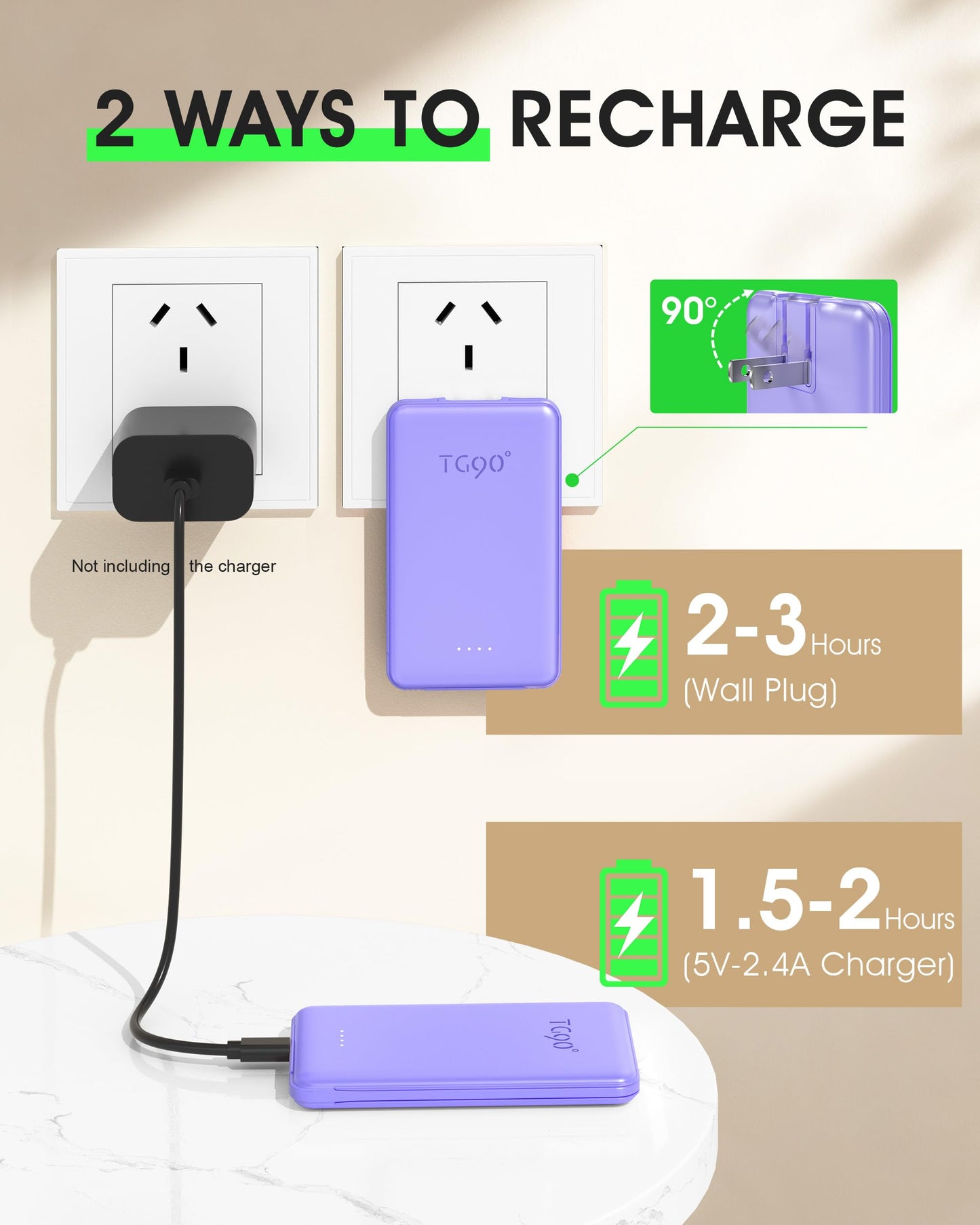 TG90° 5000mAh Portable Charger Built-in AC Wall Plug and Cables, Pocket Size Power Bank, Slim Fast Charging External USB C Battery Pack Compatible