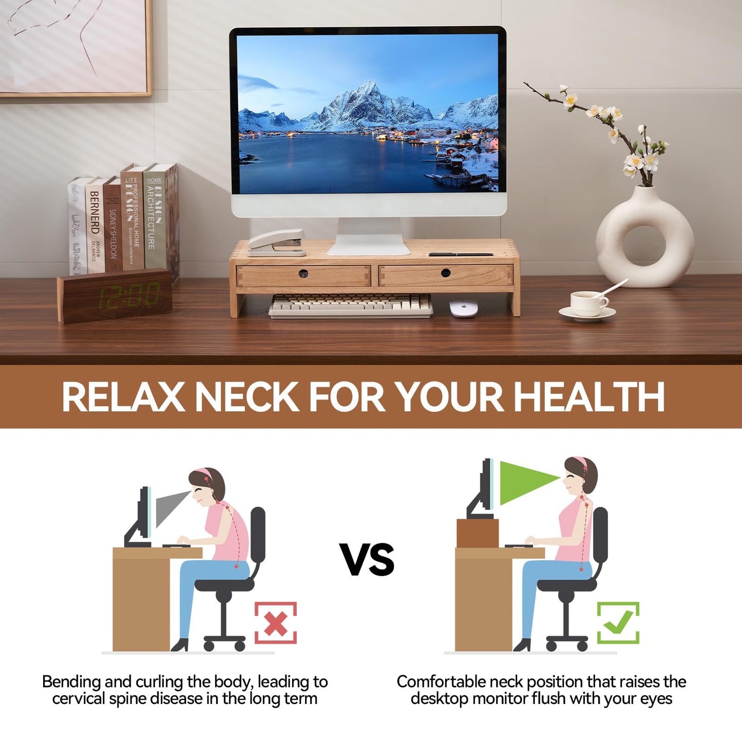 KIRIGEN Wood Monitor Stand with 2 Drawers - Computer Arm Riser Desk Storage Organizer,Speaker TV Laptop Printer Stand with Pen Slot and Cable