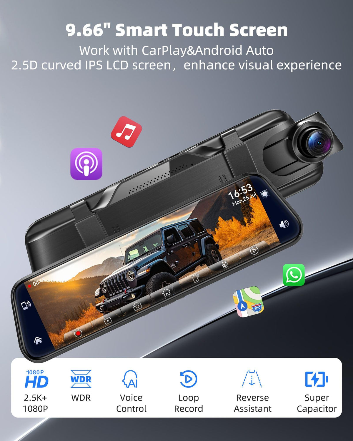 10" Mirror Dash Cam with Android Auto&Carplay 2.5K Rear View Mirror Camera