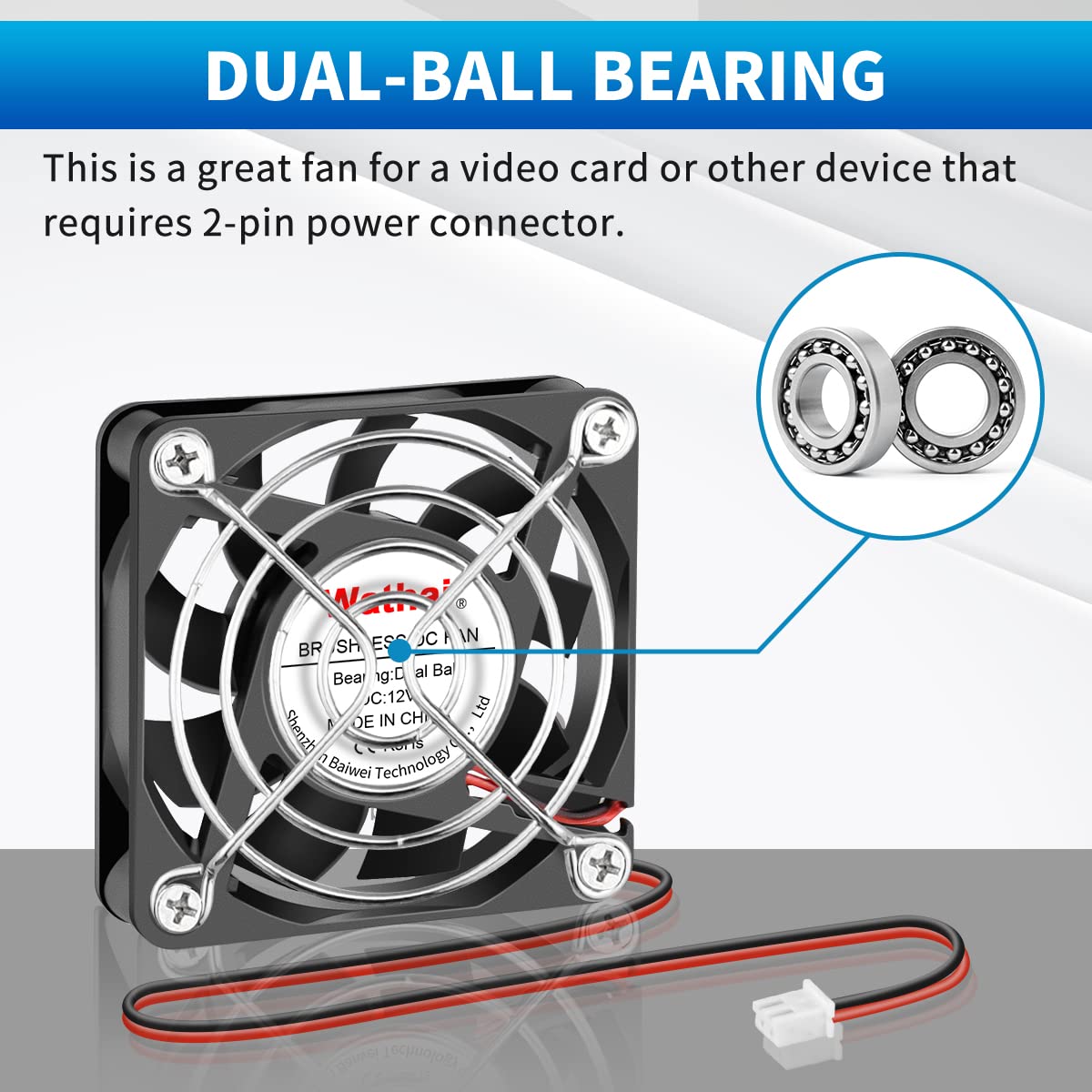Wathai 60mm 12V Dual Ball Bearing High Speed DC Exhaust Cooling Fan (60x60x15mm, 4500RPM, 24.8CFM, 32dBA) for Desktops, Laptops