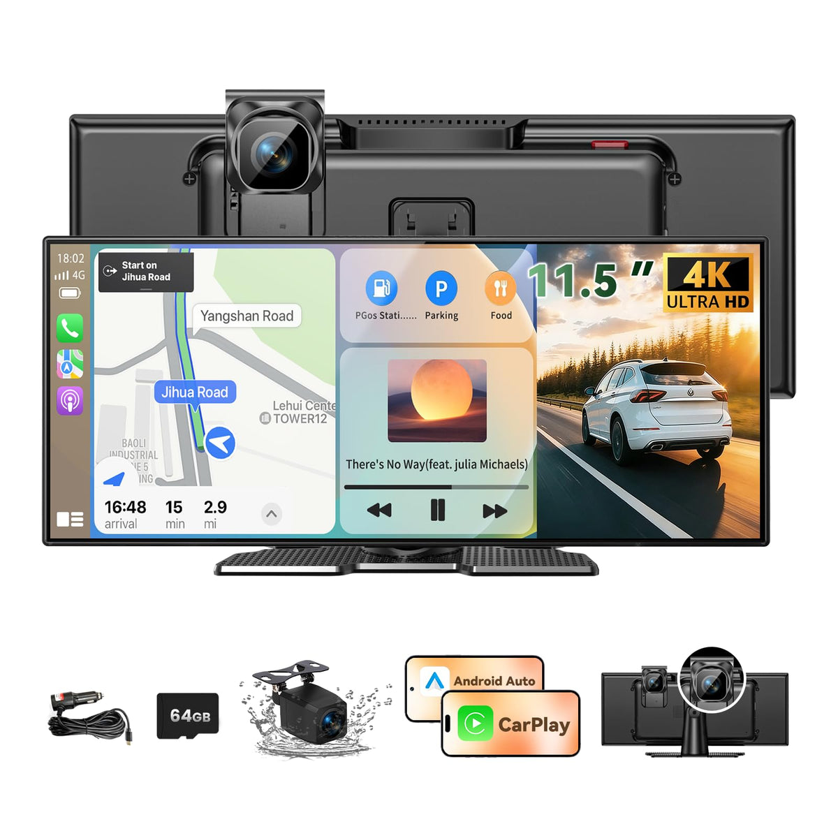 2026 Largest 11.5 inch Portable CarPlay Screen for Car with 4K Dash Cam