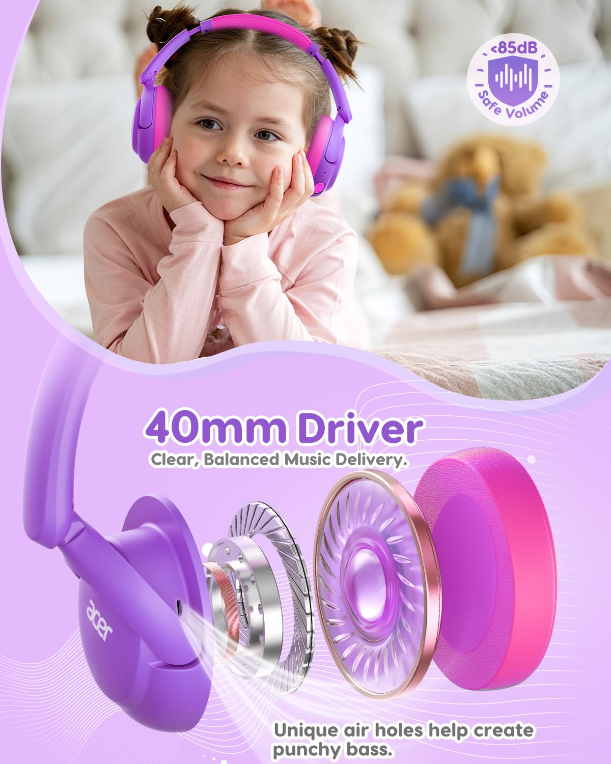 Acer Kids Bluetooth Headphones, 85dB Limiter, 75H, w/Mic OHR725