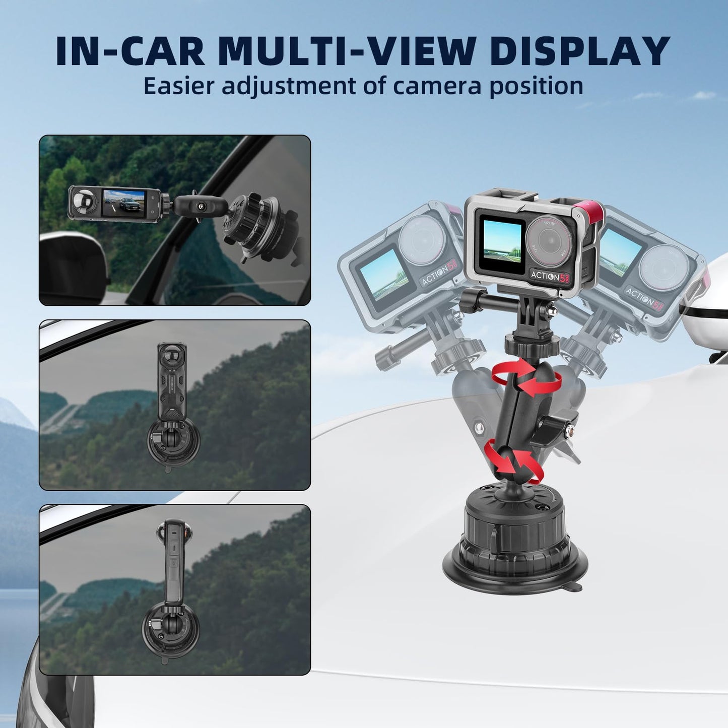 BRDRC Pocket 3 Suction Cup Car Mount (Upgraded), Windshield Window Holder Kit with Cold Shoe Expansion Adapter for Go Pro Max Hero Pocket 2 Insta 360