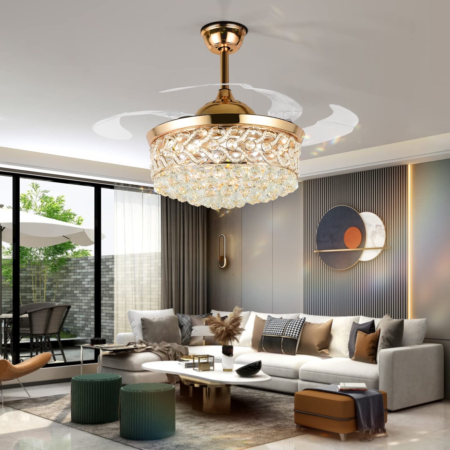 A Million 42" Crystal Fandelier Modern Ceiling Fan with Light Retractable Blades 3 Speeds 3 Colors with Remote Control, Silent Motor and LED Kits