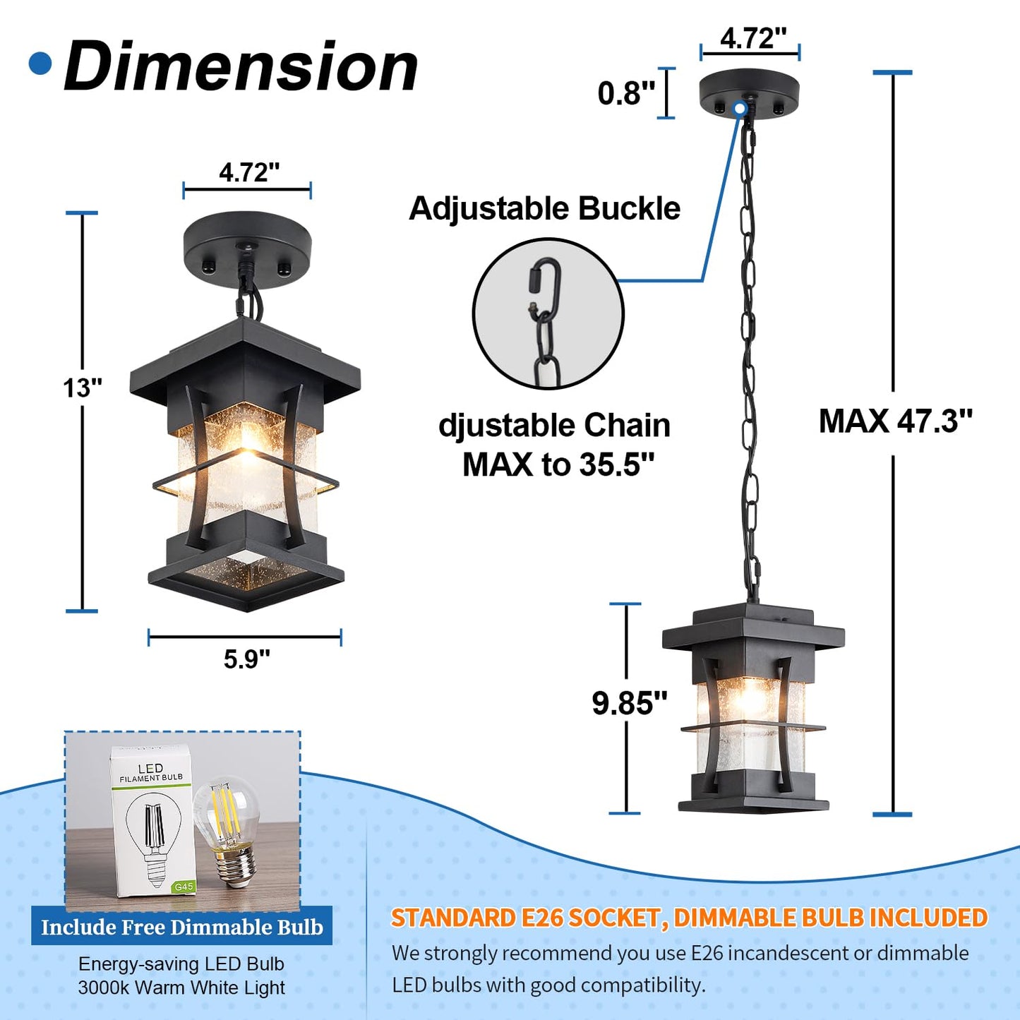 EERU Motion Outdoor Pendant Light Fixture with Dusk to Dawn Sensor Exterior Hanging Lantern with Adjustable Chain Black with Seeded Glass Outside