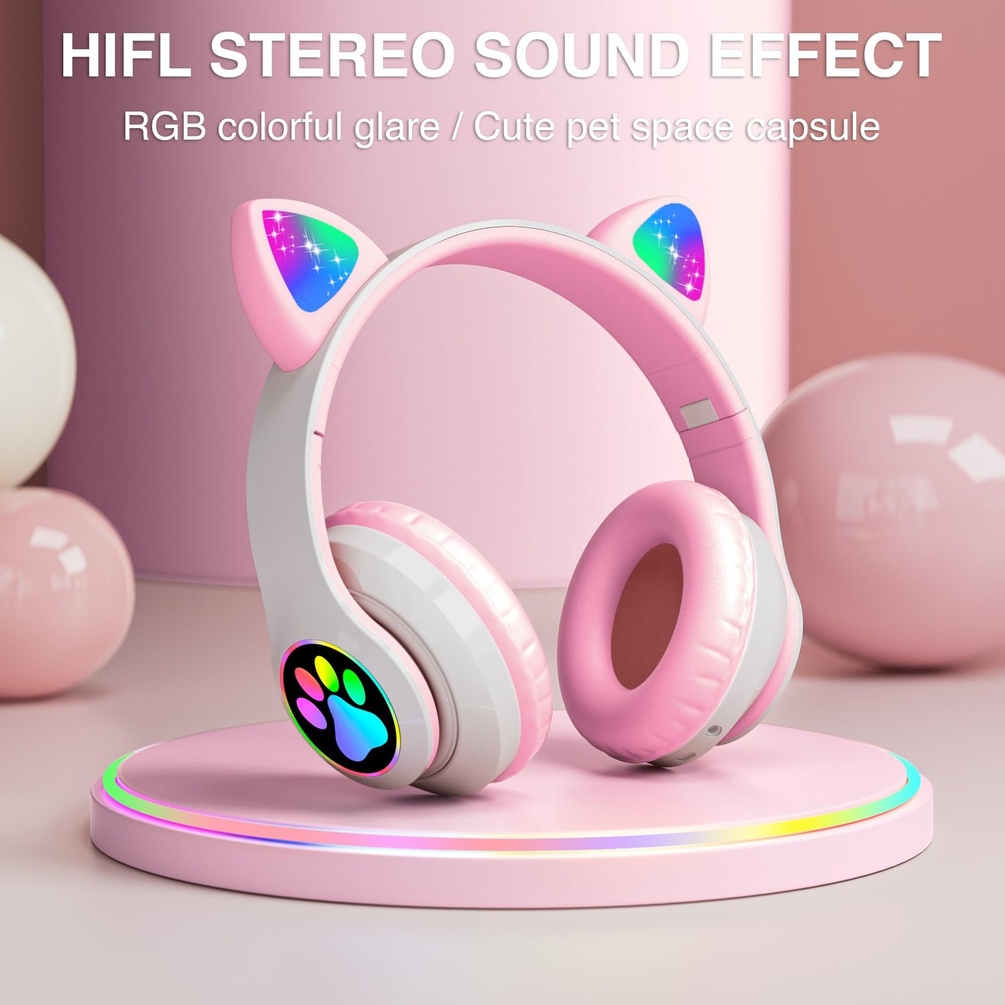 KERHAND Bluetooth Noise Cancelling Headphones for Kids,Foldable Cat Headphone with LED Light Up Ear,Cat Ear Headphones for Toddler with Microphone/TF