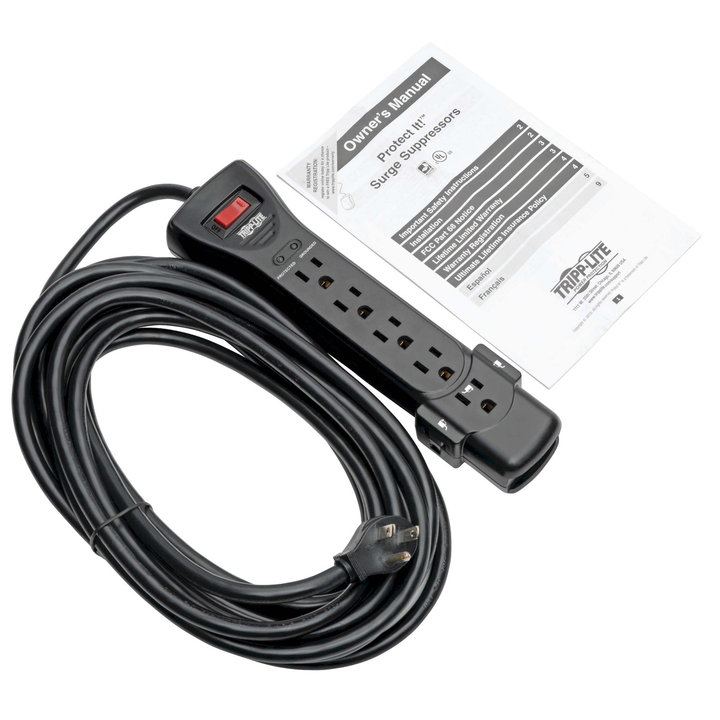 Eaton Tripp Lite Series SUPER725B 7 Outlet Flat Plug Long Extension Cord Power Strip Surge Protector, 25ft Extension Cord with Multiple Outlets, 2160