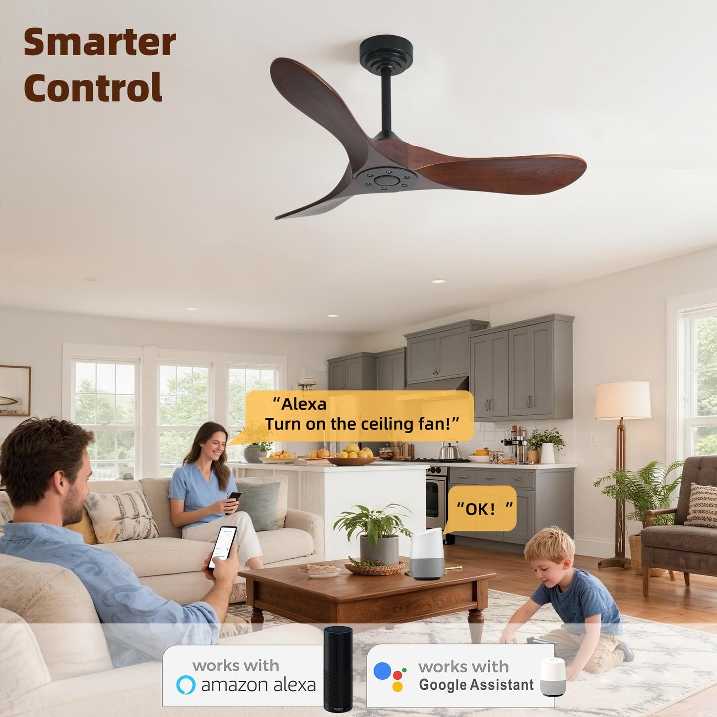 Homlit Outdoor Ceiling Fan Without Light, 42Inch Smart Ceiling Fan with Remote & Voice Control for Compatible with Alexa/Google, 3-Blade Wood Fan