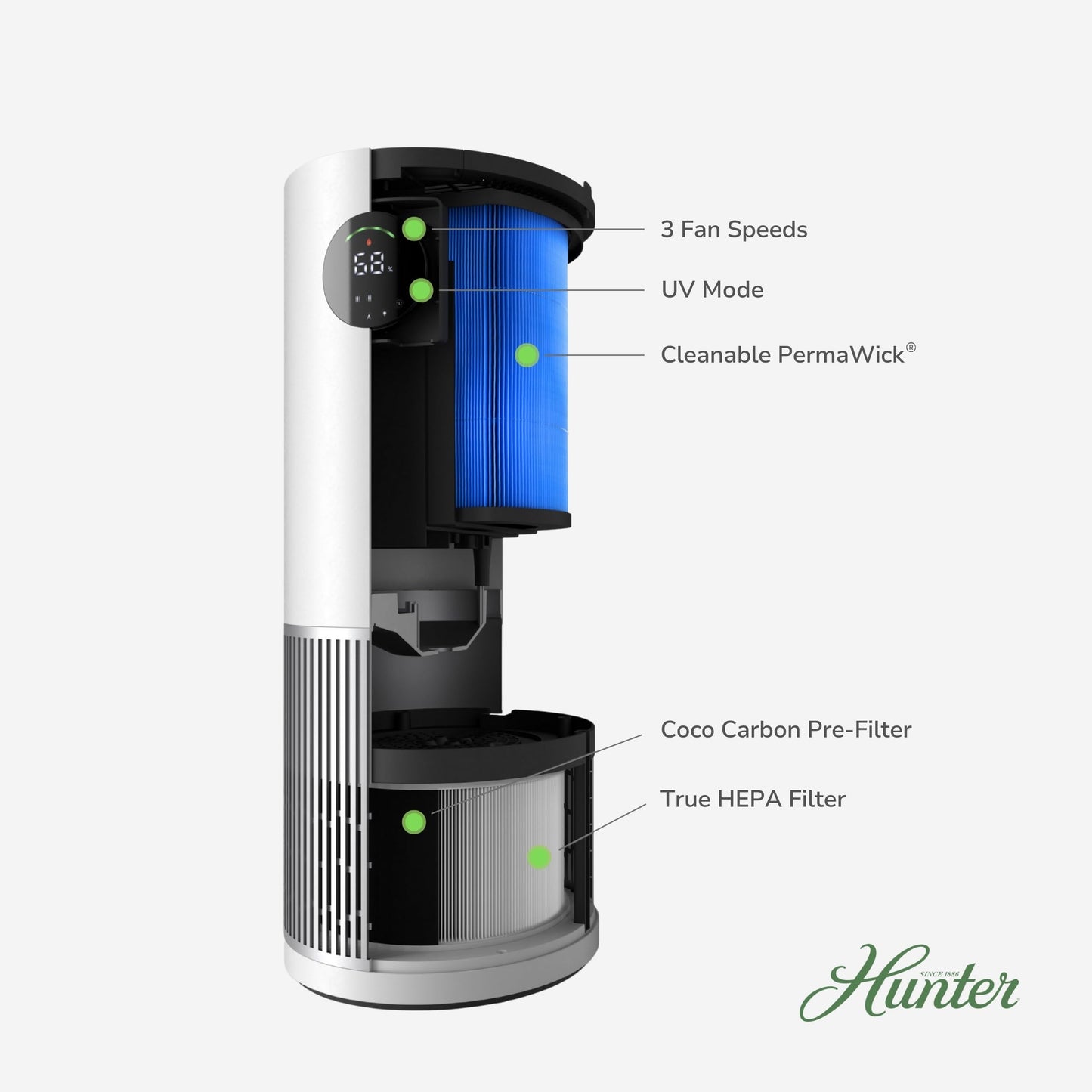 Hunter 1.1 Gal Evaporative Humidifier and Air Purifier In One, White/Silver