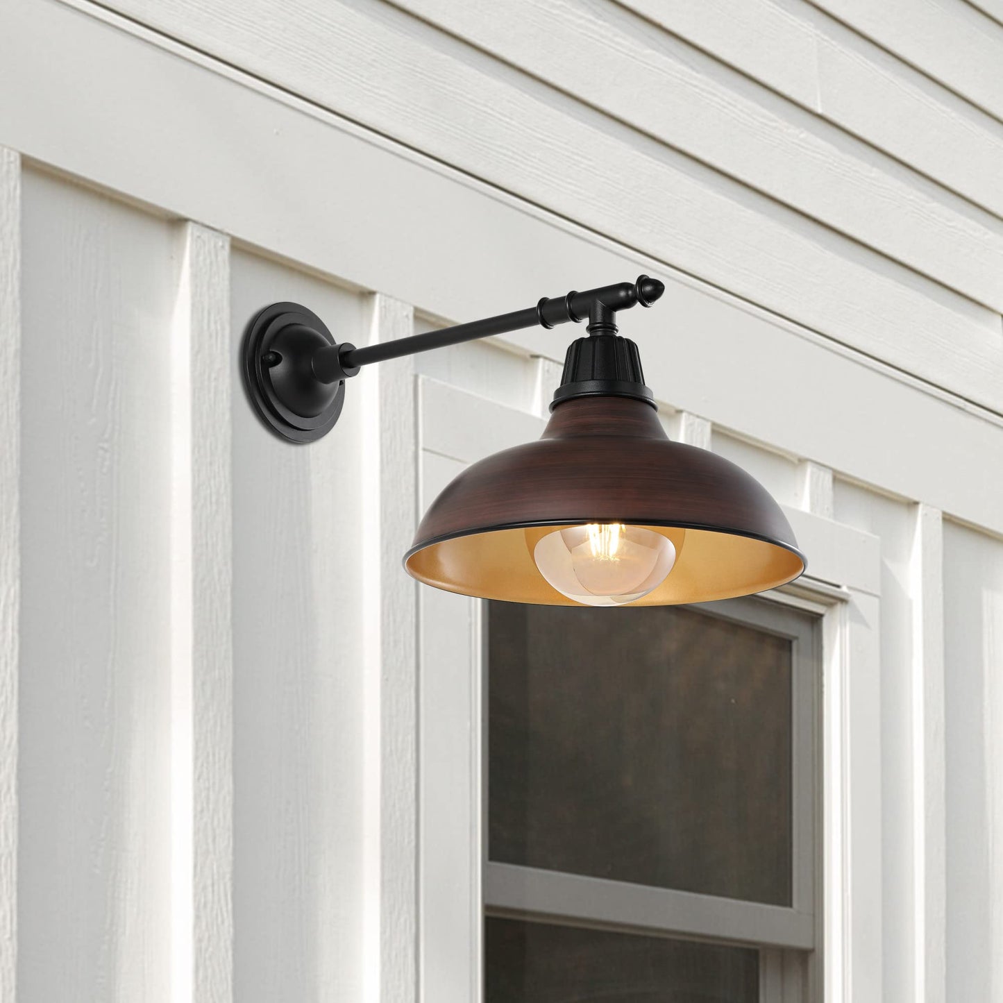 JONATHAN Y 12.25" 1-Light Wood Finish/Copper Industrial Farmhouse Outdoor Sconce, Iron Wall Light with LED Bulb, Metal Bowl Shade, Vintage Porch Lamp
