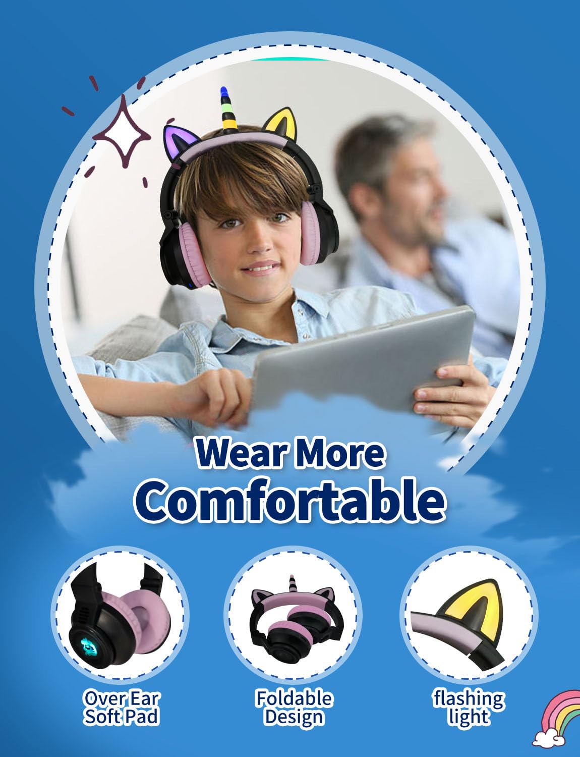 YUSONIC Unicorn Kids Headphones for Girls, Unicorn Bluetooth Headphones Foldable for Girls Toddlers Tablet/pad/Amazon fire,Light Up Kids Wireless…
