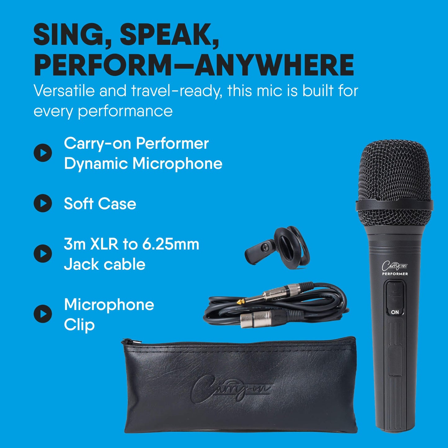 Carry-on Performer Dynamic Microphone with XRL-Jack Cable Used for Live Performance - Professional Microphone for Singing with Cardioid Focus and