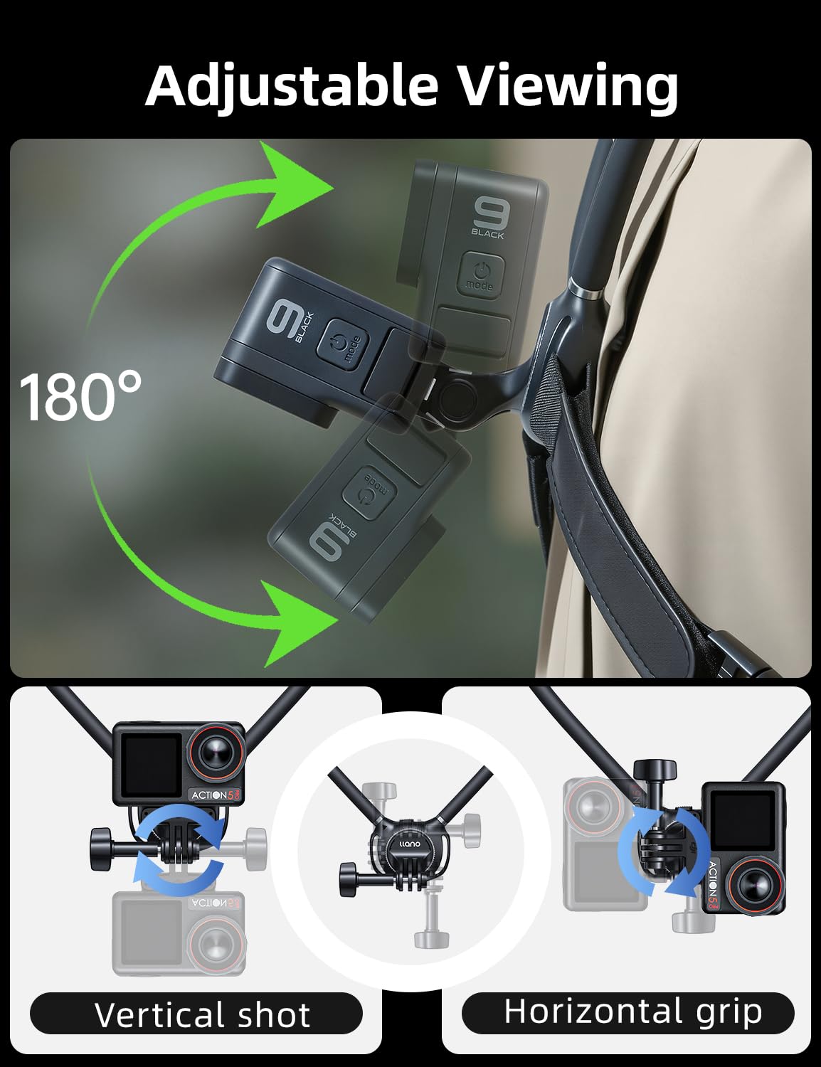 llano Neck Mount with Chest Strap, Compatible with DJI Osmo Pocket3 Nano Action 6/5/4/3, GoPro Hero 13/12/11/10/9/MAX, Insta 360 X5/X4/Ace Pro 2