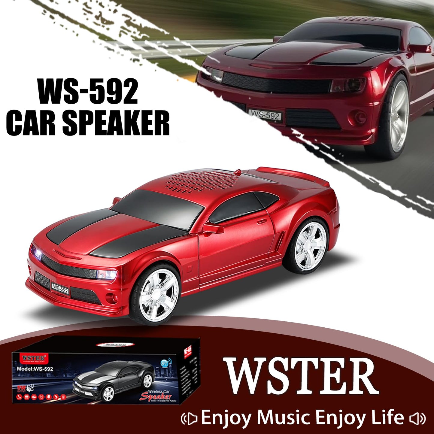 WSTER WS-592 Supercar Design Bluetooth Replica Speaker - Portable Car Model Wireless Speaker with TWS Stereo, FM Radio, LED Party Lights, USB/TF