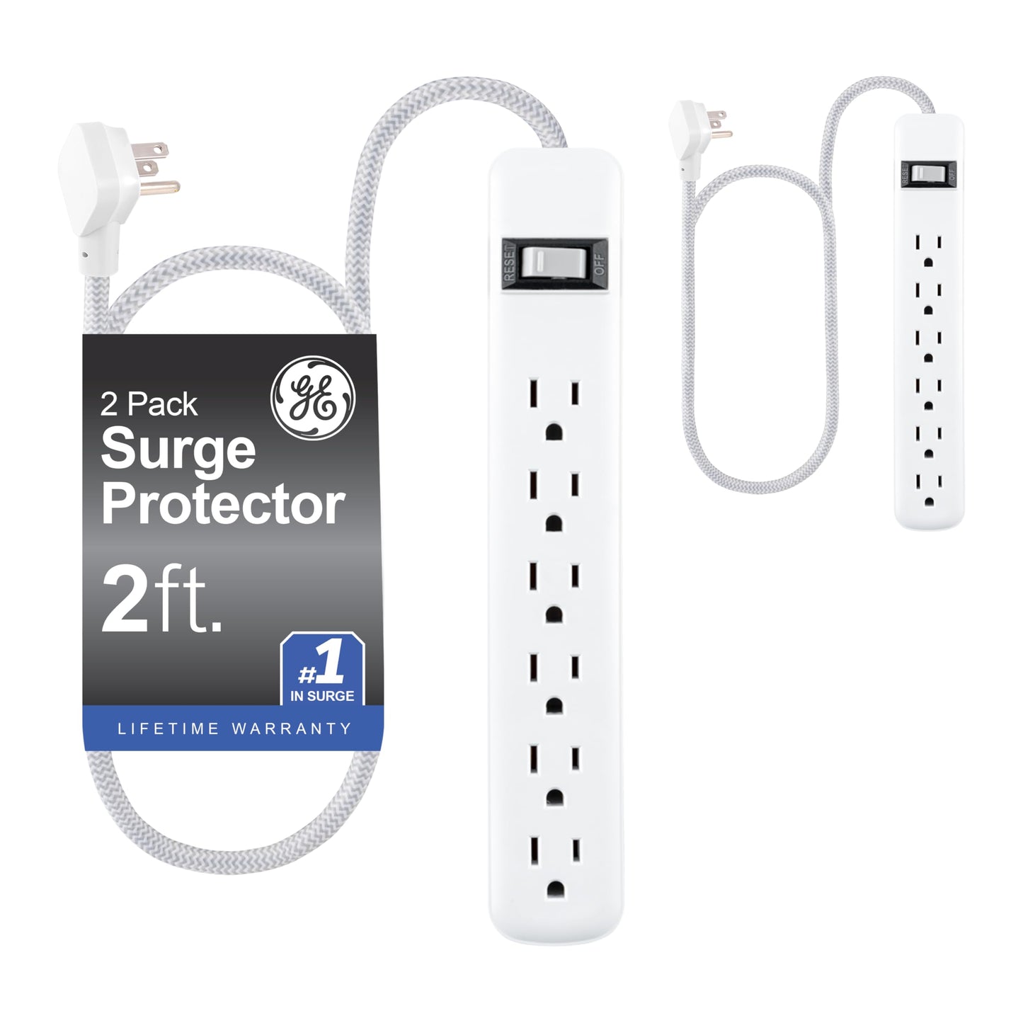 GE 6-Outlet Surge Protector Power Strip 2-Pack, 2ft Braided Extension Cord, 245J Protection, Flat Plug, Wall Mount, Circuit Breaker, ETL Certified