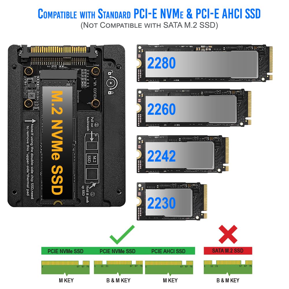 Kingwin M.2 to U.2 NVMe SSD Converter Enclosure - PCIe NVMe Adapter for M-Key M.2 SSD to 2.5" U.2 (SFF-8639) Interface - High-Speed PCIe 3.0/4.0