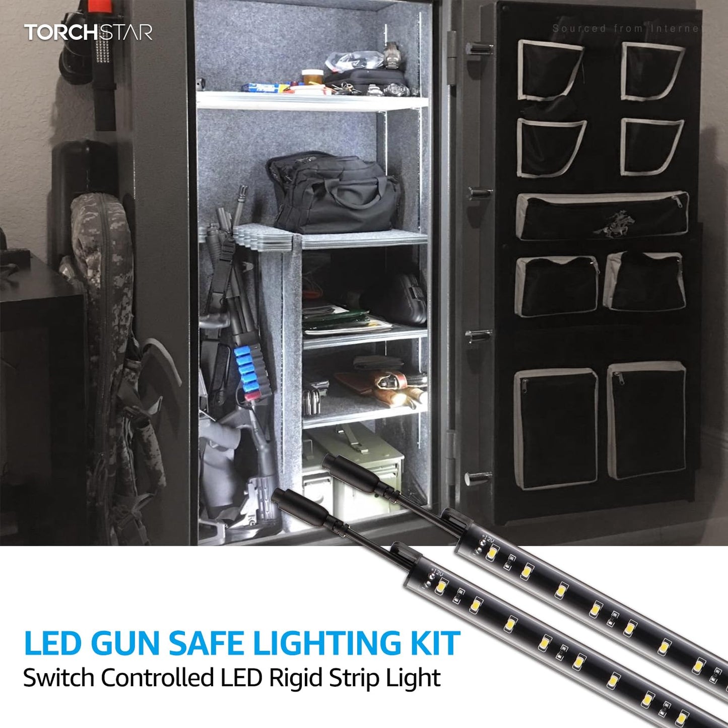TORCHSTAR LED Safe Lighting Kit, (4) 12 Inch Linkable Light Bars + Rocker Switch + UL Power Adapter, 600LM, Input 100-240V, for Under Cabinet Gun Safe