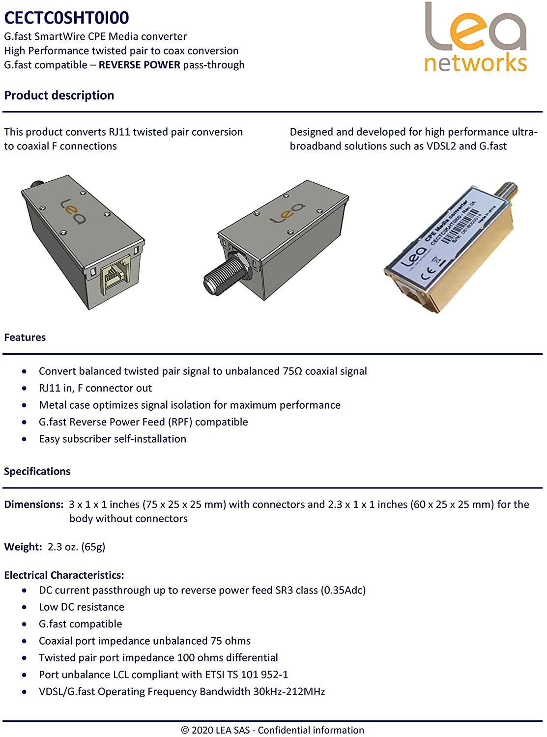 Lea Networks Balun Media Converter, 75ohm Coax to 100ohm Twisted Pair, G.Fast & G.hn
