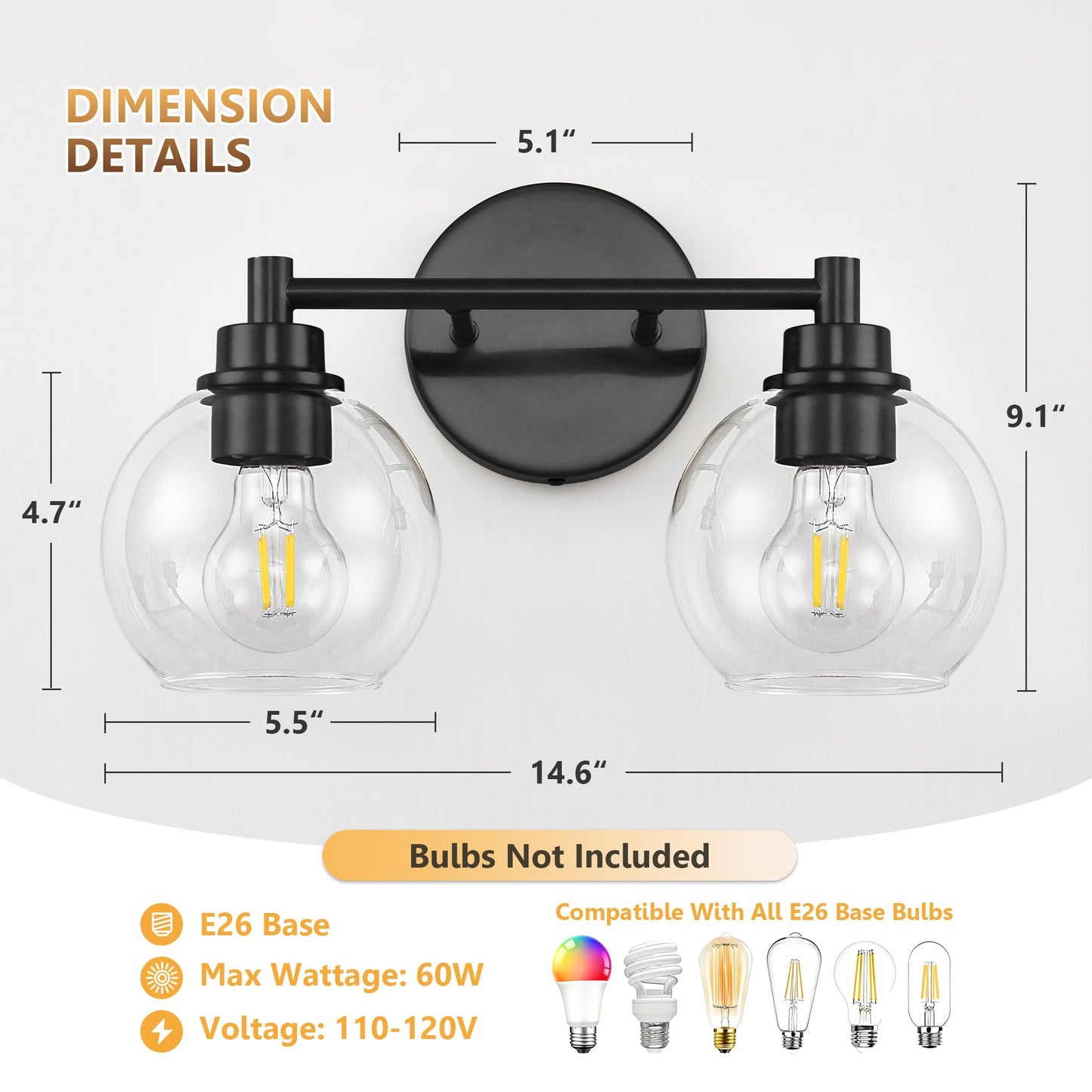 Bathroom Light Fixtures, Vanity Lights for Bathroom 2-Light Black, Bathroom Lighting Fixtures Over Mirror with Clear Glass Globe Shade, Bathroom