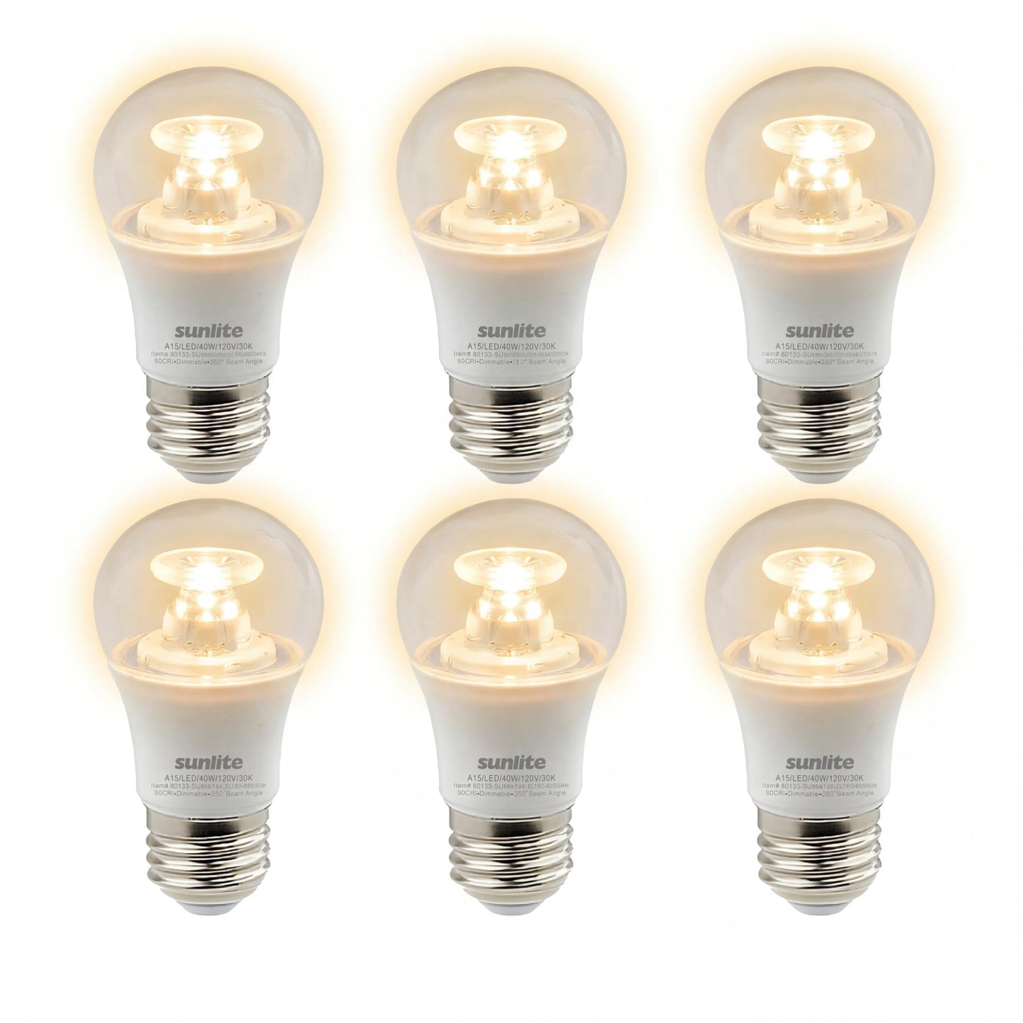 Sunlite 45162 LED A15 Appliance Clear Light Bulb, 6 Watts (40W Equivalent), 450 Lumens, Medium Base (E26), 90 CRI, Dimmable, ETL Listed, Ceiling Fan