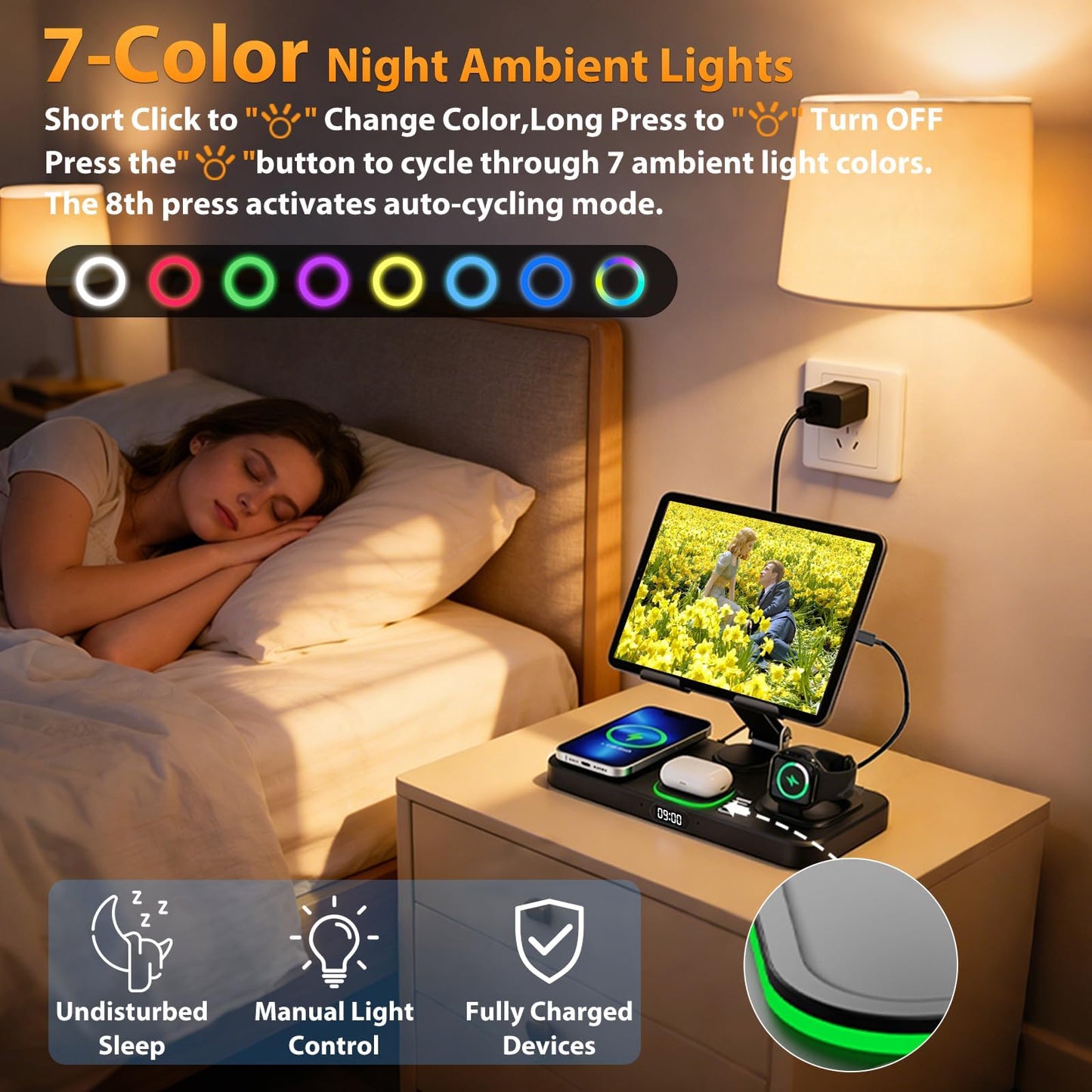 30W Charging Station for Apple Products, Foldable Wireless Charger with Clock Display&7 Color Light, Wired Charging for iPad/Tablet Charging Station