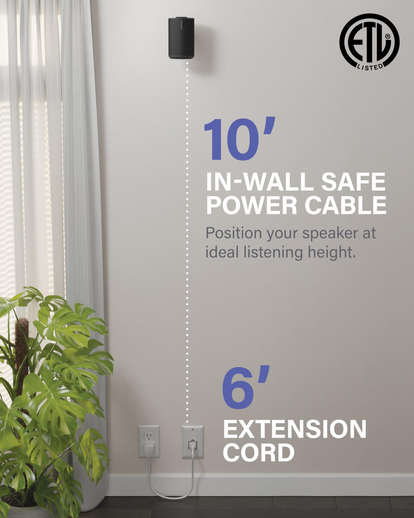 SANUS Speaker Wall Mount + Power Kit - Universal Speaker Mount Tilts, Swivels & Hides Cords Behind Wall w/ 10ft ETL Certified Cable - DIY Install