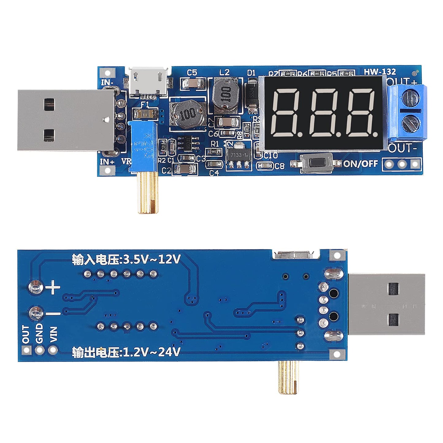 2PCS USB Step UP/Down Power Supply Module, Adjustable DC-DC 5V to 3.5V / 12V Boost Buck Converter Out 1.2V-24V