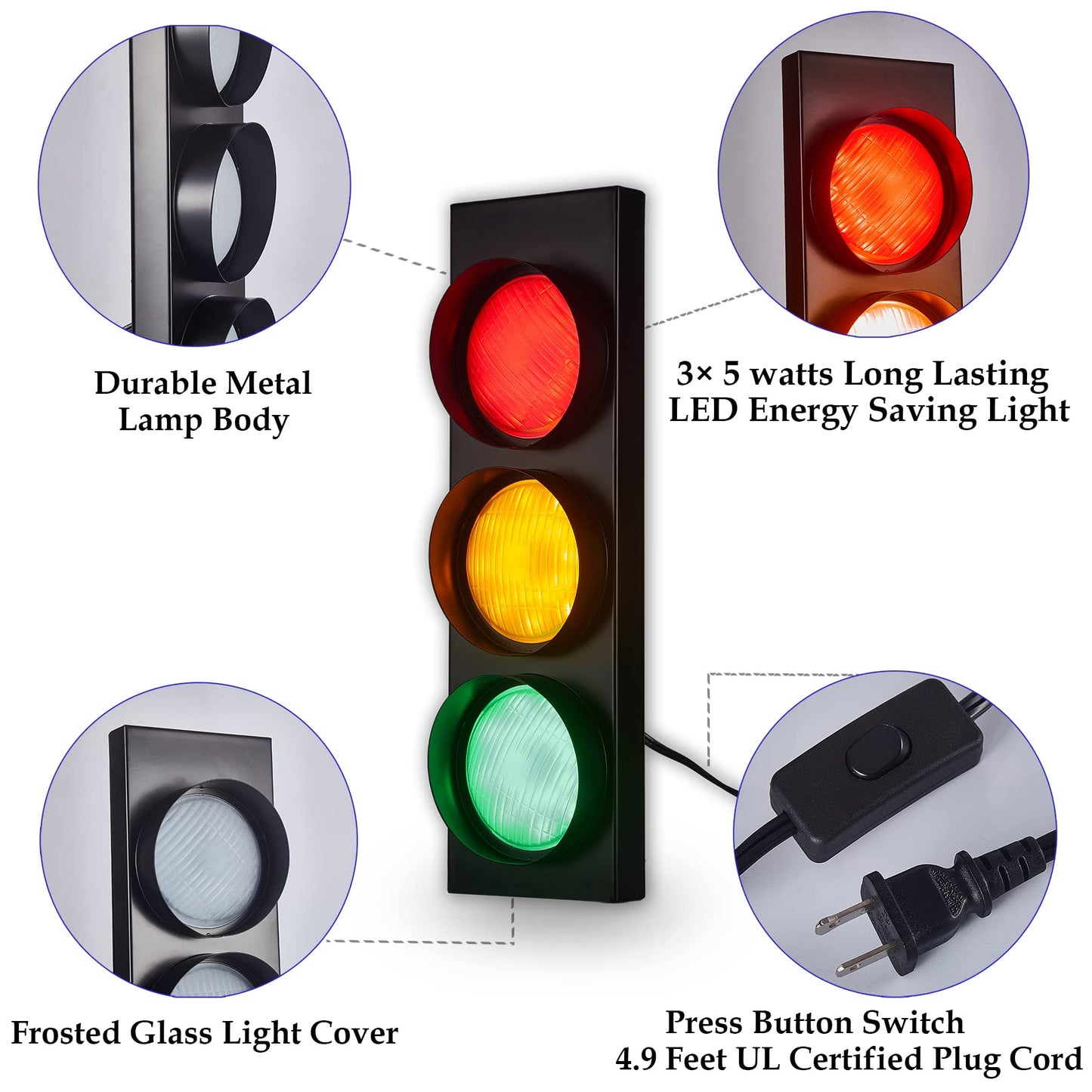PANLAVIE Traffic Light Wall Lamp Remote Control Retro Kids Bedroom Stop Light, Plug in Industrial LED Wall Sconce, 18.5’’ Vintage Fun Signal Lights