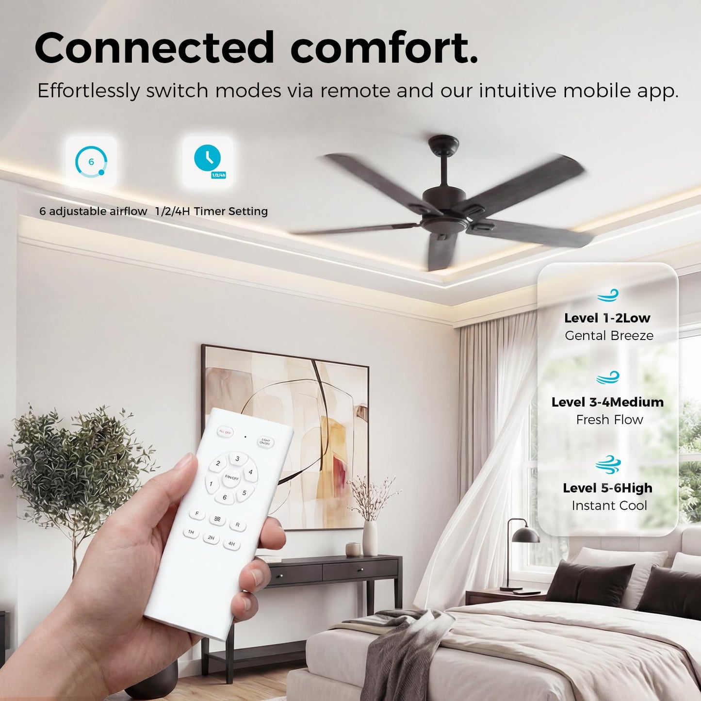 Obabala 52 Inch Ceiling Fan No Light, Modern Black Ceiling Fan Without Light with Remote & APP, Quiet Reversible DC Motor, 6-Speeds, for Living Room