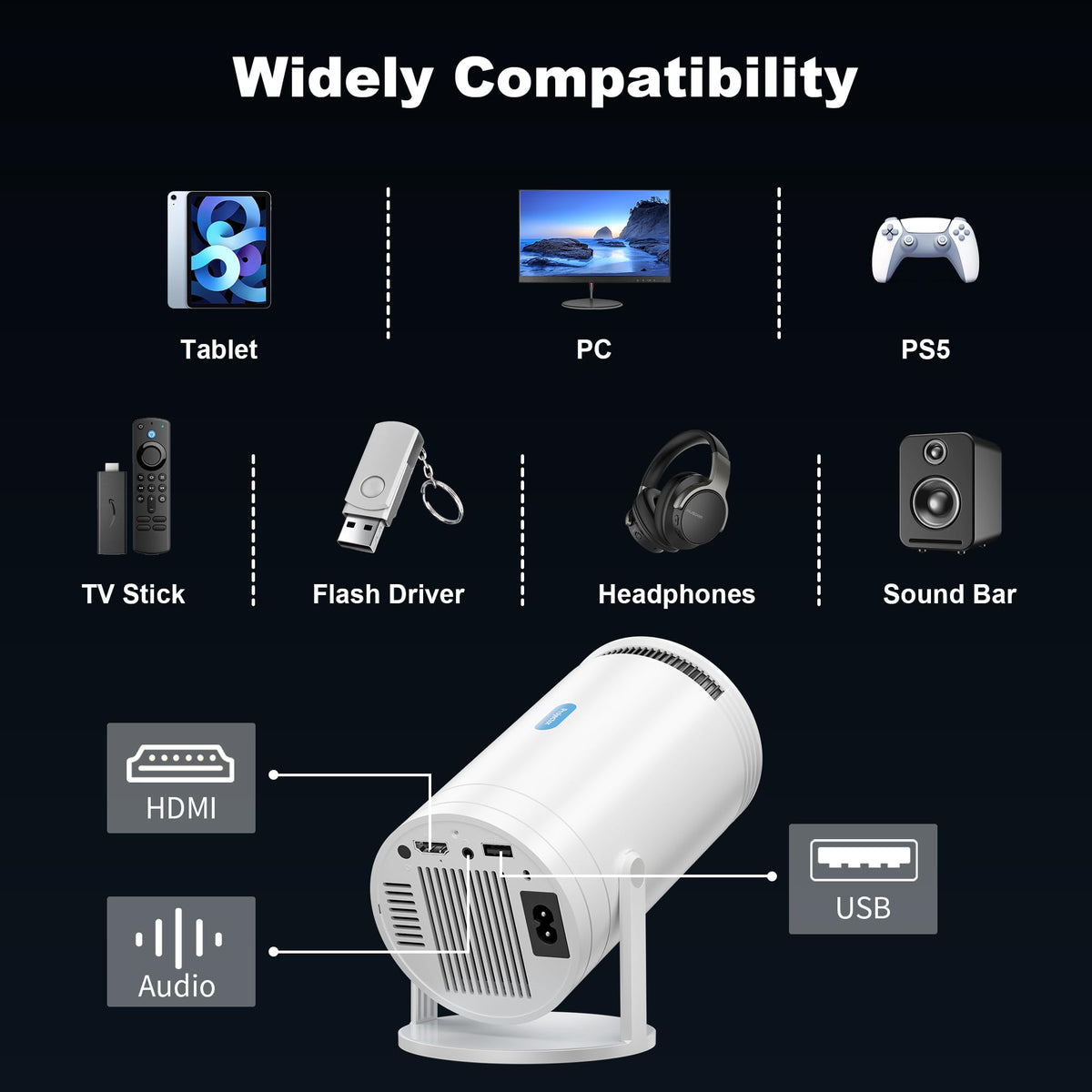 Mini Projector, Native 1080P Portable Projector with Carrying Case, 4K Support, 270°Rotatable Outdoor Movie Proyector, Home Theater Projector