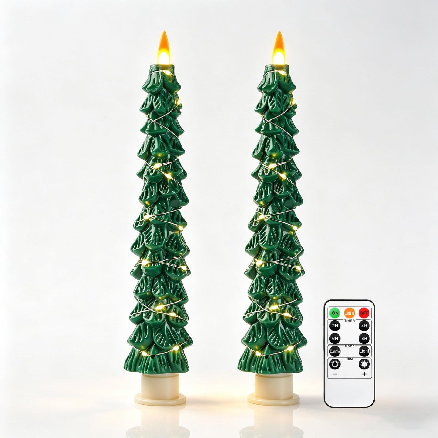 Christmas Tree Candles Surrounded by Fairy Lights, LED flameless Candle Lights with Remote Control Timing Function. Green