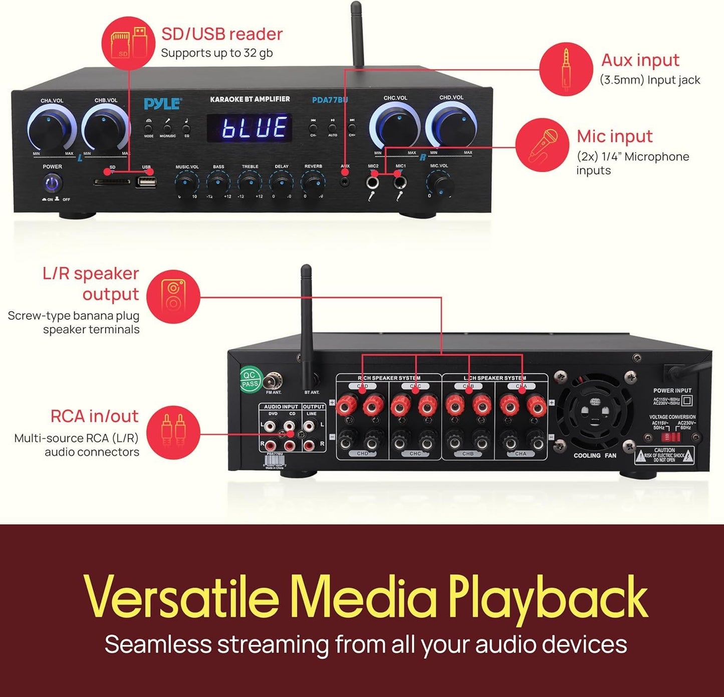 Pyle Home Stereo Receiver with Bluetooth - 4 Channel Amplifier, 800 Watt Max, USB-A Input w MP3 Player, Easy Karaoke Setup with Mic Vol, Reverb