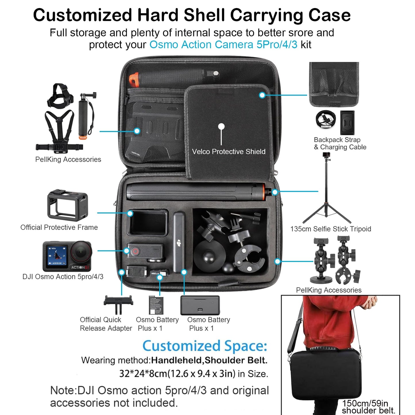 PellKing Accessories Kit for DJI Osmo Action 5pro/4/3,Carrying Case with Belt 135cm Selfie Stick Tripod Waterproof Housing Floating Handle Grip