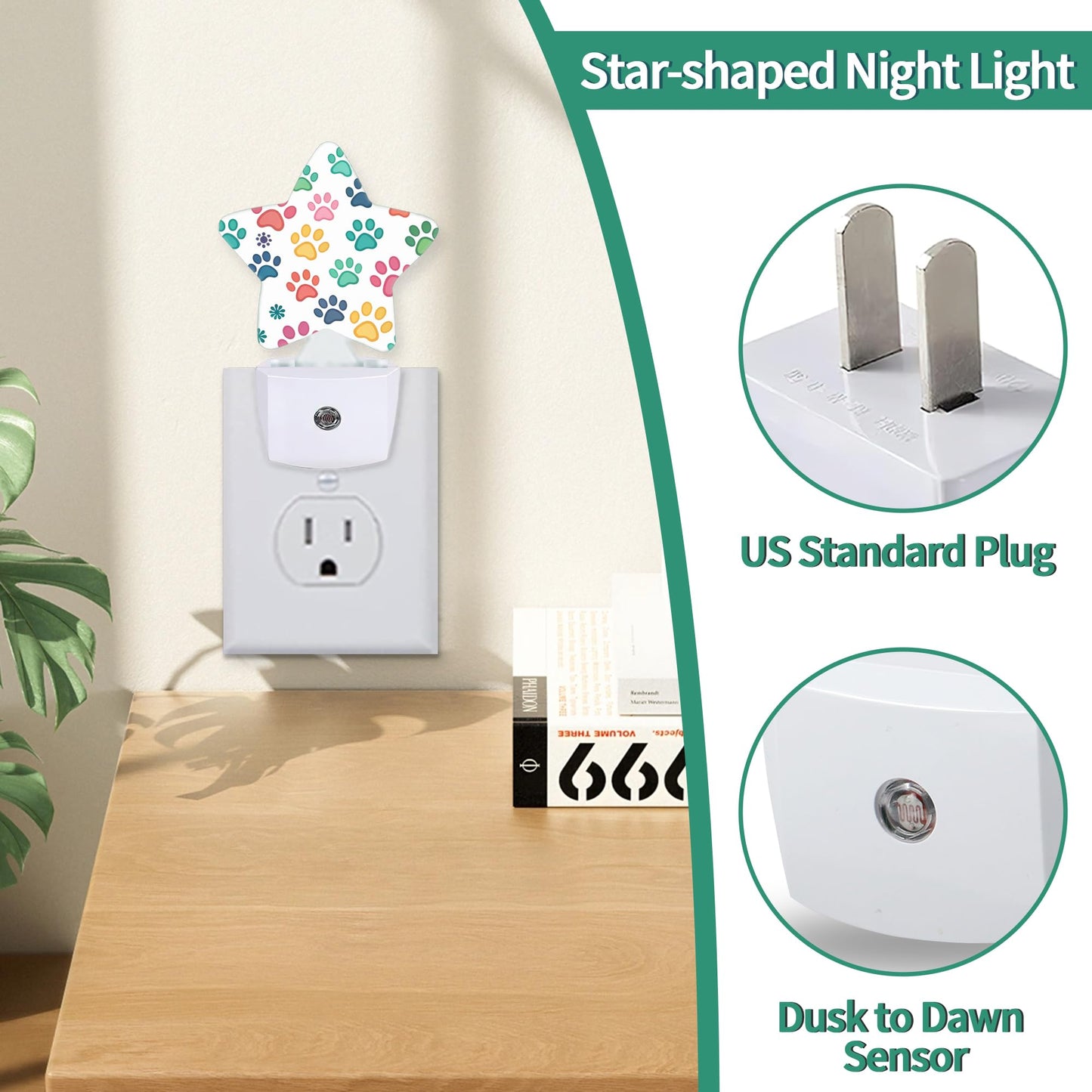 Dog Paw Plug in Star Night Light, Night Light with Sensor for Kids Nursery Bedroom, Decorative Soft Glow Lamp for Hallway Bathroom, Energy Saving